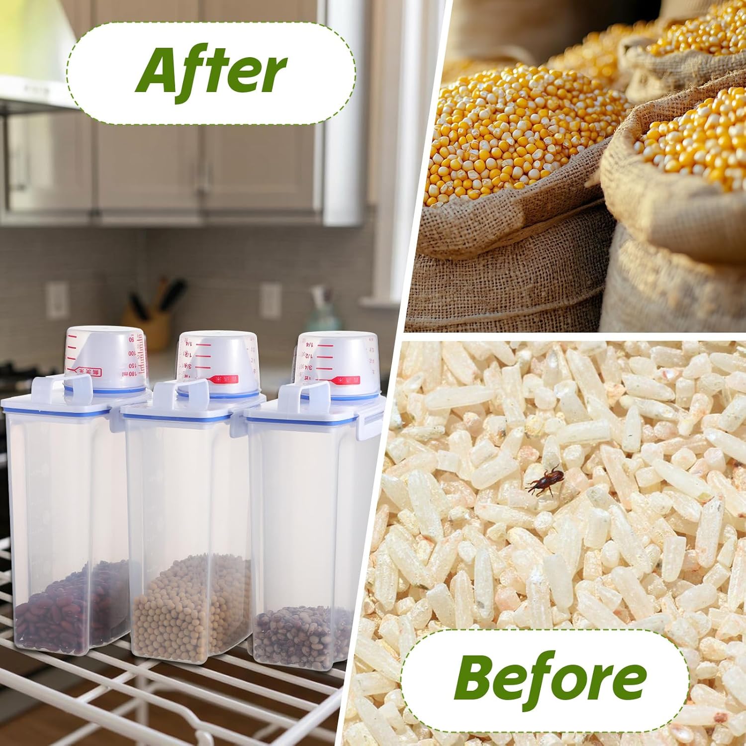 3 Pcs Rice Storage Containers (4 Lbs / 2 Kg Each) – Airtight BPA-Free ABS Plastic Dispenser with Measuring Cup & Pour Spout for Rice, Cereal, Pet Food, and More (Blue + Clear) - Image 7