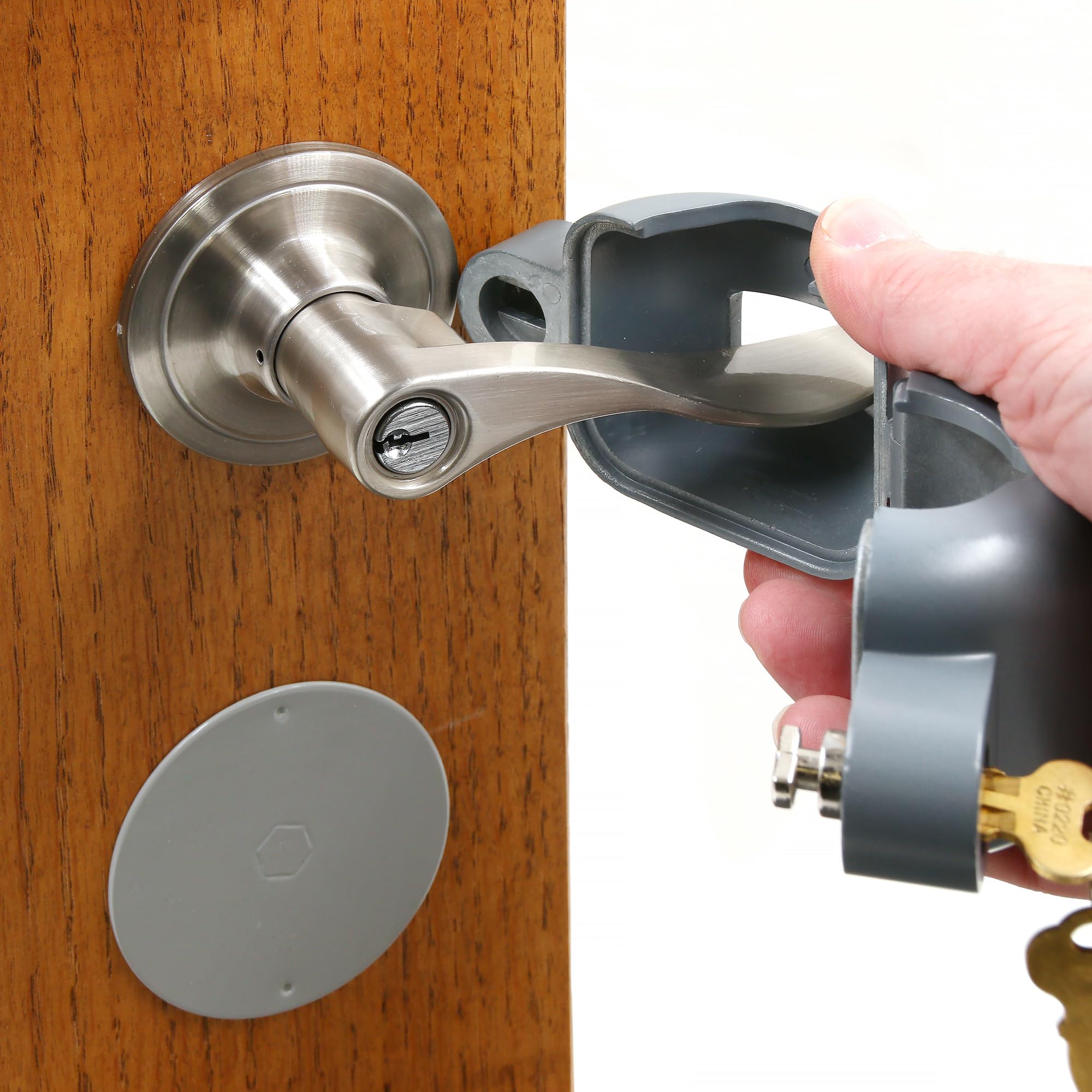 Defender Security S 4181 - Dispositivo de bloqueo de mango con llave para bloquear el acceso a la cerradura, extraíble y fácil de usar, se adapta a manijas de palanca (paquete individual)