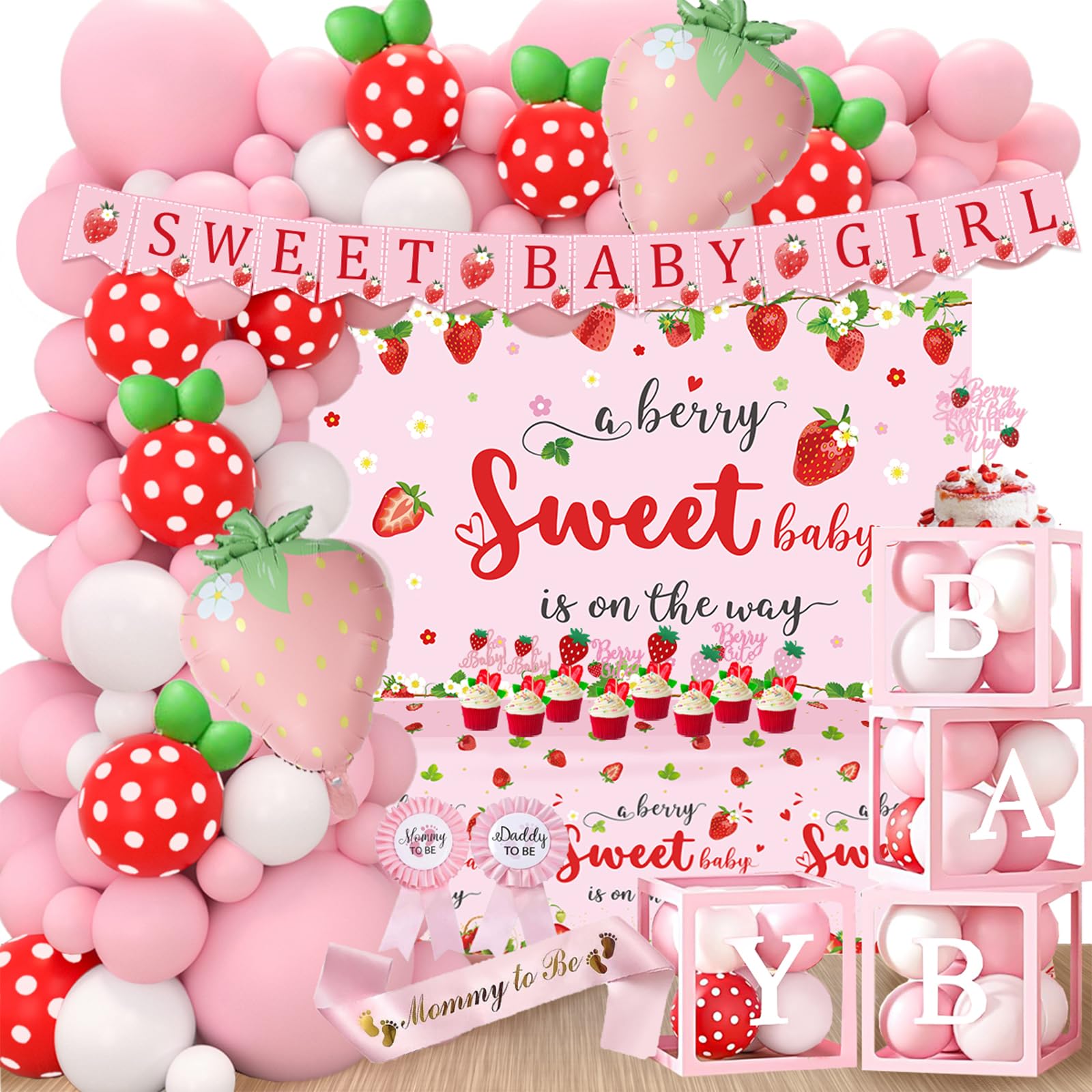 Photo 1 of Strawberry Baby Shower Decorations, A Berry Sweet Baby Is On The Way Decorations for Girl, It's a Girl Gender Reveal, Red and Pink Backdrop Balloon Arch Box Tablecloth Cake Topper Party Decor 141pcs