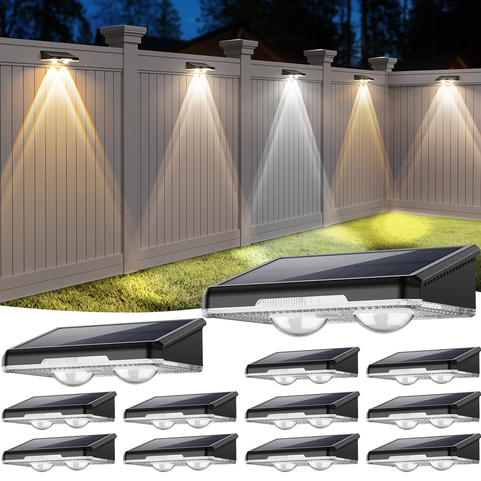 Solar Fence Lights Outdoor Waterproof 8 Pack Warm White & RGB 8 Colors Fence Lights Solar Powered with Ultra-Bright LED Lens Outdoor Solar Lights for Fence, Backyard, Railing, Patio, Wall, Step, Deck