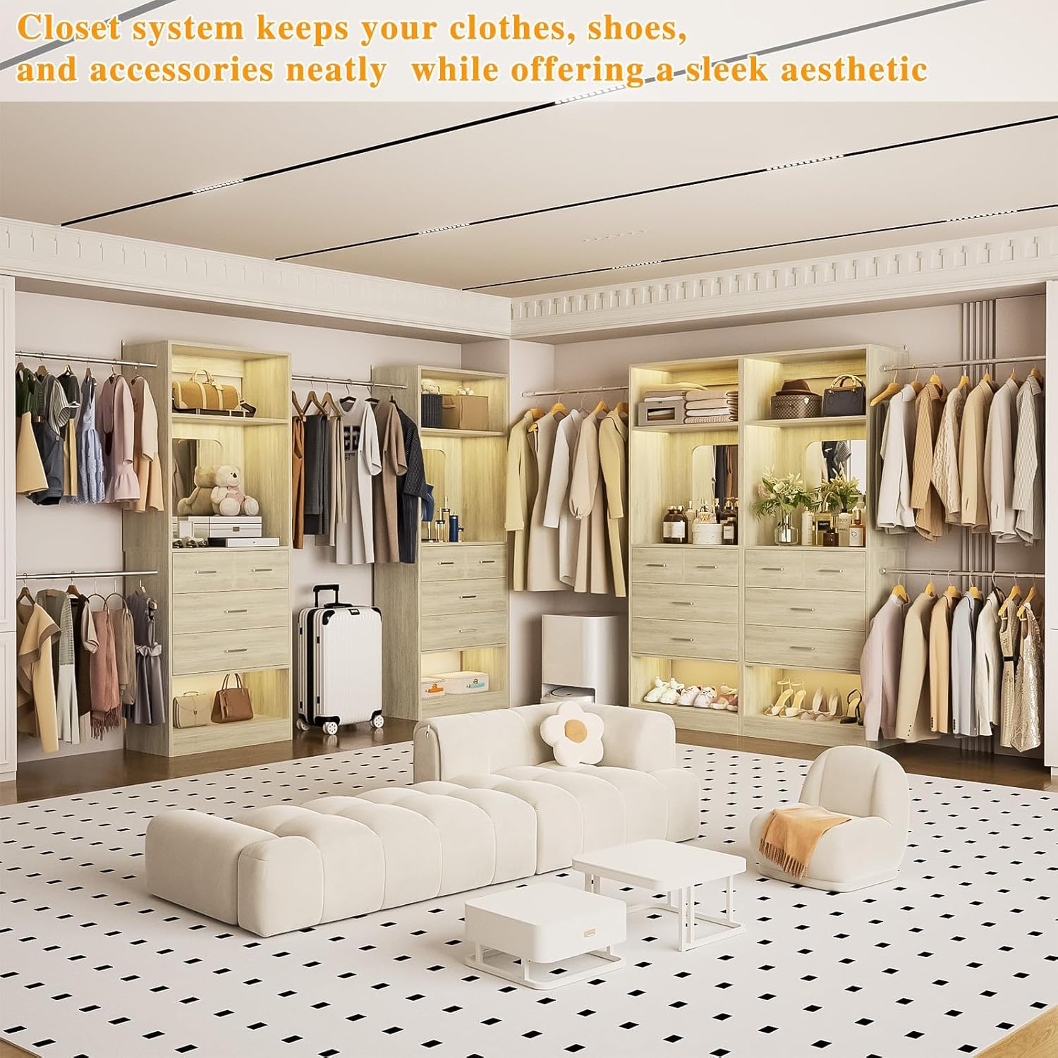 Unikito Closet System, 6-14FT Walk in Closet Organizer with 8 Drawers and Mirror, 168" Wood Closets Insert with Tower, Sturdy Wardrobe Closets Garment Rack with Extendable Hanging Rods, White Oak