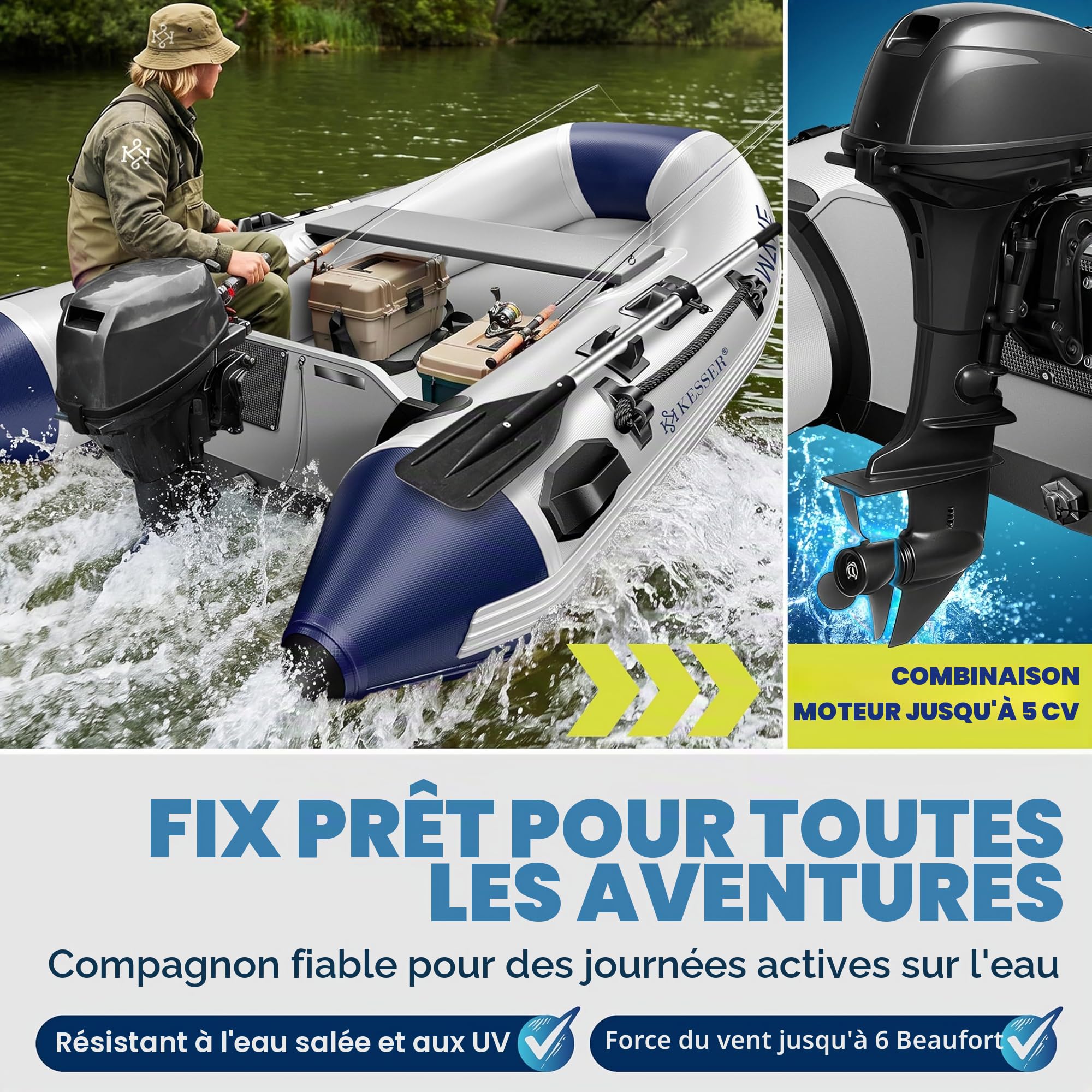 KESSER® Wave Canot pneumatique 230-320 cm Set 6 pièces gonflable – Bateau + banc, pompe à air, pagaie, kit de réparation, sac, bateau de pêche, bateau à pagaie petit et grand - Combinaison moteur