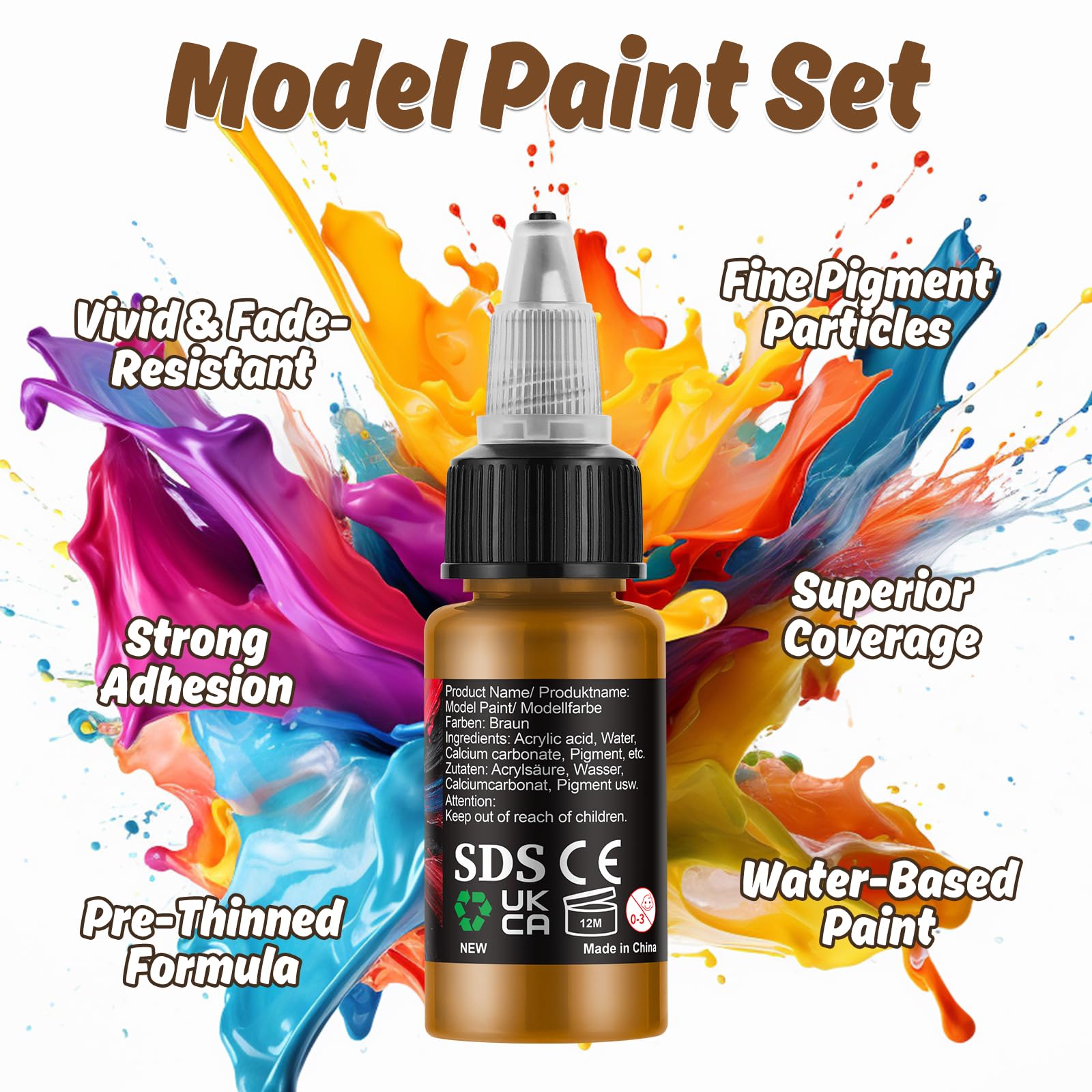 Modellbau Farben Set - 20 Acrylfarben mit 3 Pinseln für Airbrush & Pinselbemalung, inkl. Grundfarben, Hauttöne, Schatten & Metallicfarben, für Wargames Tabletop Figuren & Miniaturen