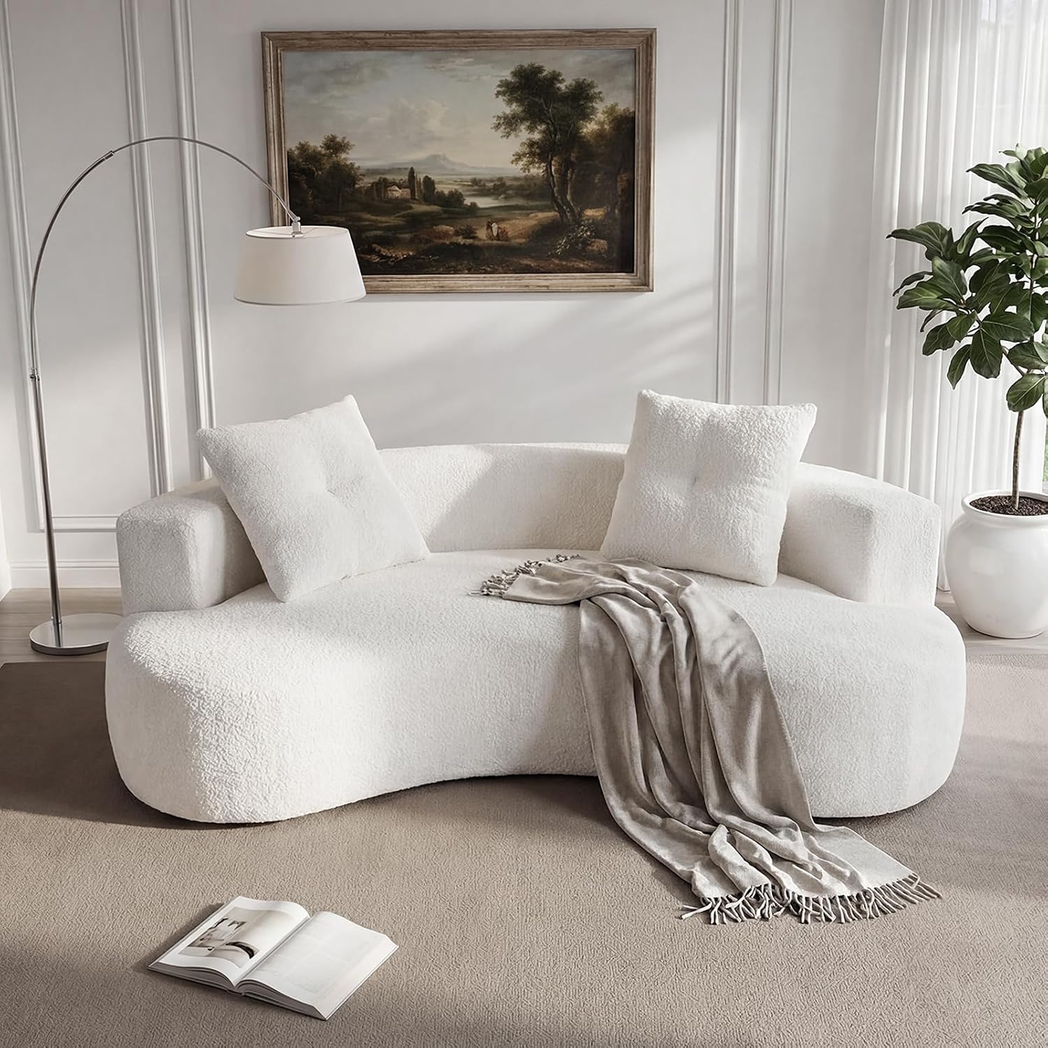 79''Curved Loveseat Sofa for Living Room,Extra Deep Seat Cloud Boneless Couch with 2 Throw Pillows,Modern Luxury Comfy Chenille Floor Sofa (Cream White, 79.5 Inch)