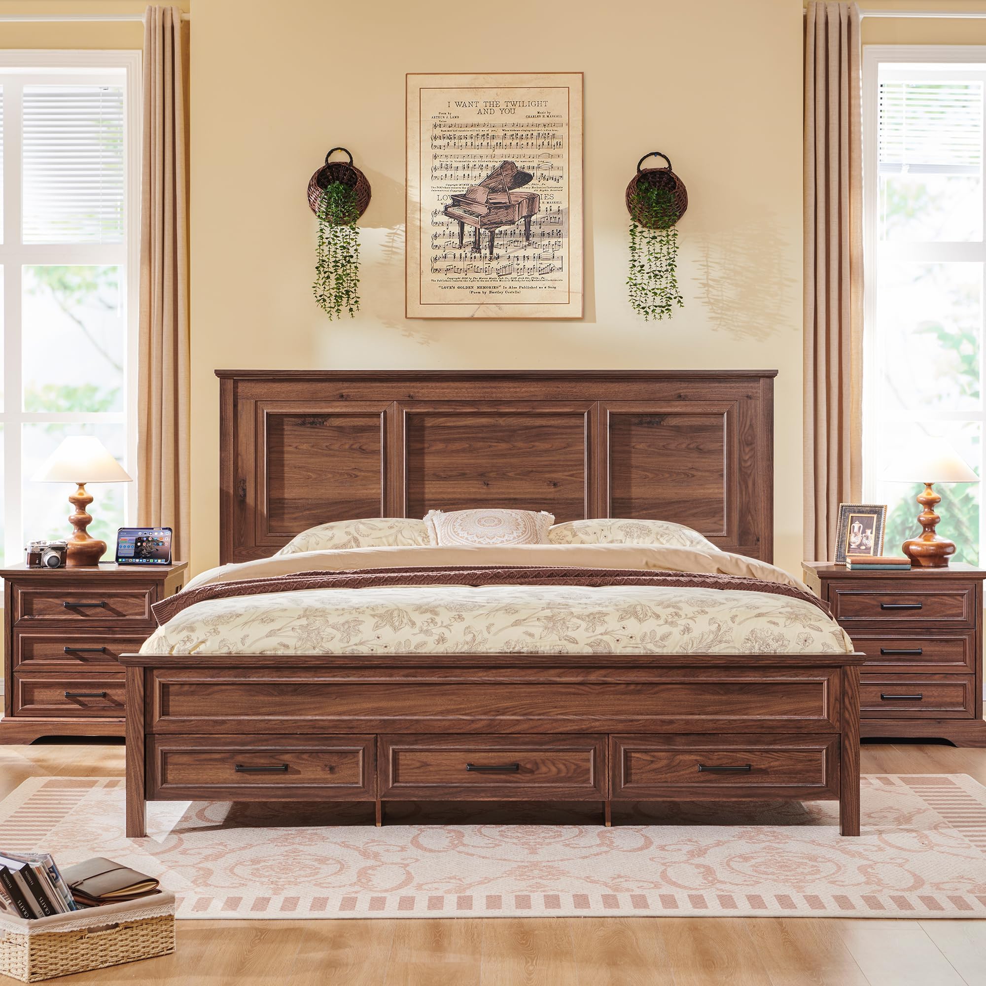 ACCOHOHO Farmhouse Queen Size Bed Frame with 52" Tall Headboard, Wood Platform Bedframe with Footboard and Storage Drawers, No Squeak, No Box Spring Needed, Brown