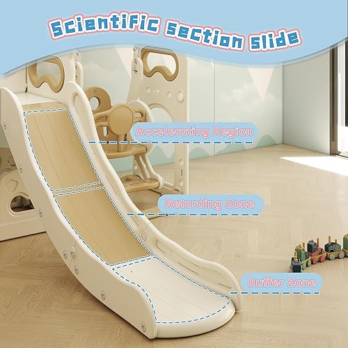 Miniatura 4 de Parque infantil 6 en 1 con columpio, toboganes para niños con escalador, aro de baloncesto, telescopio y espacio de almacenamiento, tobogán para