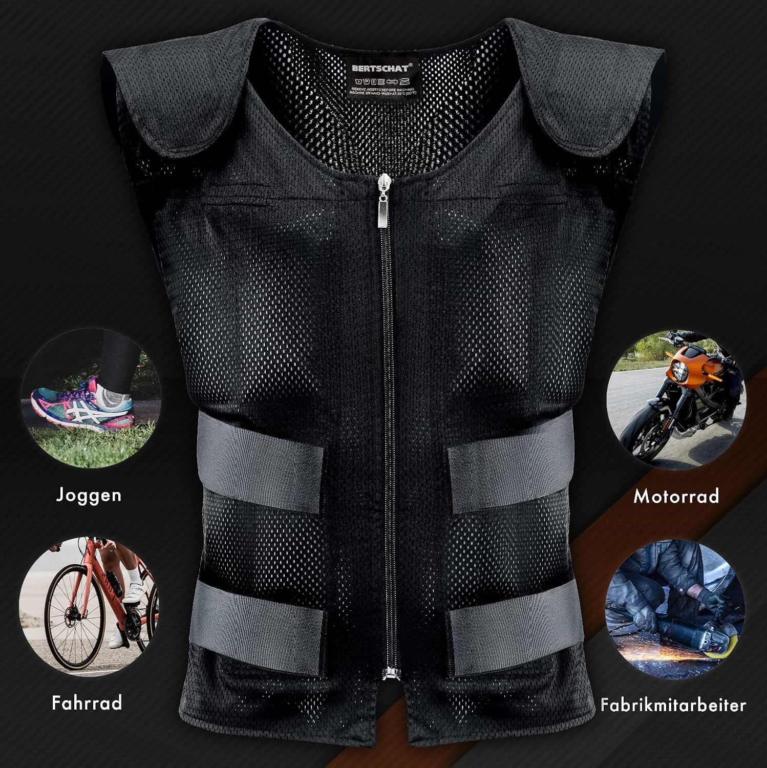 BERTSCHAT Pro Cooling Vest with icons for various activities: jogging, cycling, motorcycling, and factory work