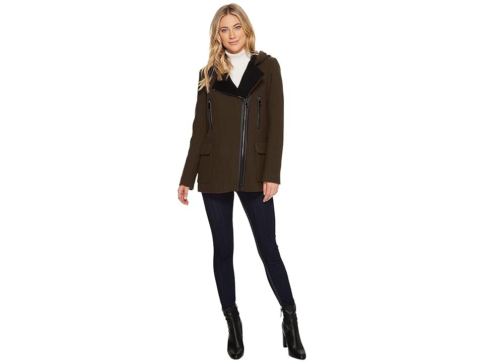 

Calvin Klein Wool Asymmetric PU Trim with Removable Fur Trimmed Hood (Loden Combo) Women's Coat, Brown