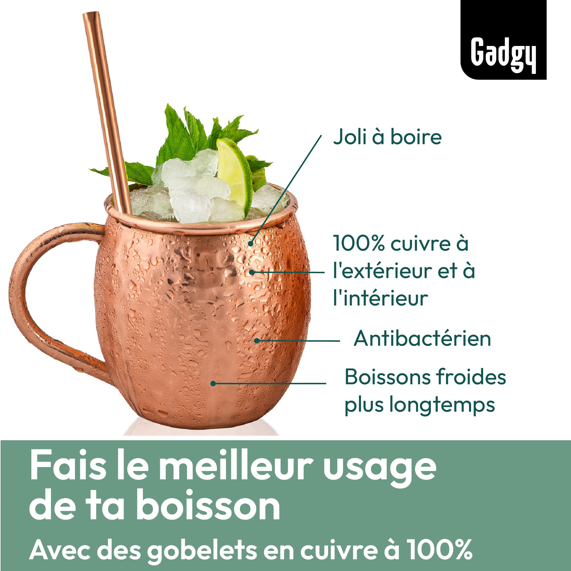 Gadgy Set Moscow Mule en Cuivre – Ensemble de Verres à Cocktail avec 4 Gobelets Fait Main – 4 Pailles et Doseur Inclus – Coffret Cadeau Premium