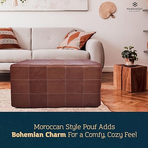 Miniatura 23 de Marrakesh Gallery Funda otomana de cuero - Puf cuadrado marroquí, sala de estar, dormitorio otomano Marrón,Beige Bronceado,Azul,Marrón (Dark