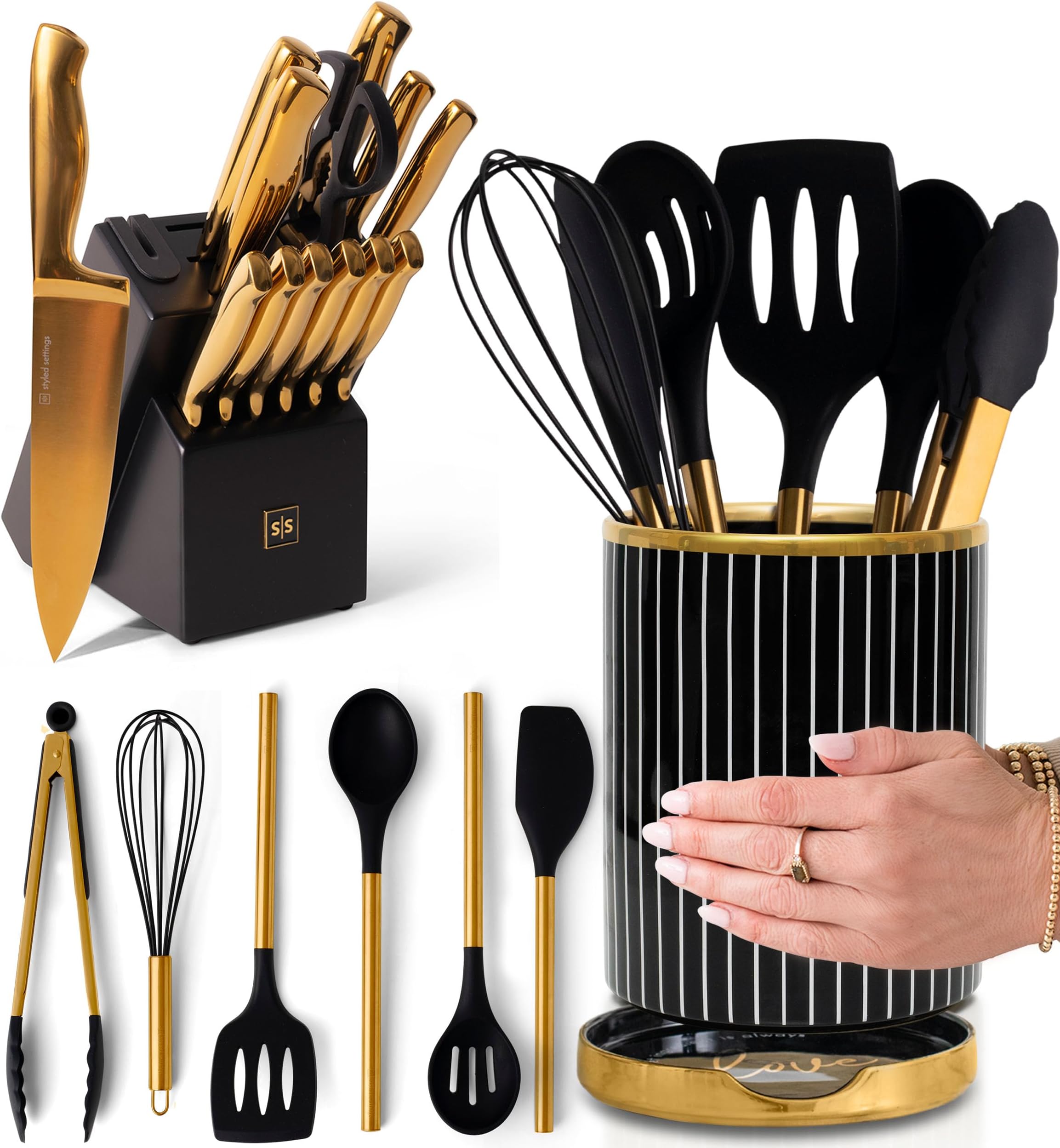 Black and Gold Knife Set with Block Self Sharpening, Black