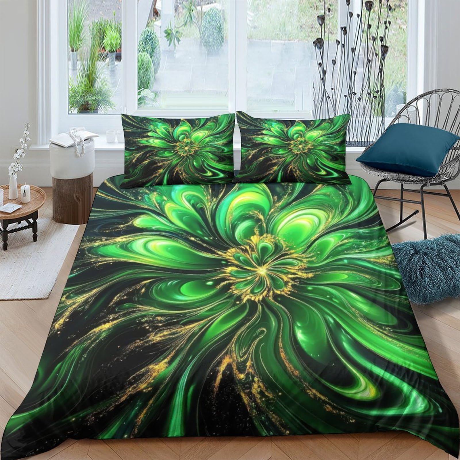 Ctjqhvkz Style-8 3D Printed Green Floral Fitted Sheet Microfiber Soft Artistic Swirl Bed Cover For Bedroom Guest Room Decor Protection Single（135X200cm）