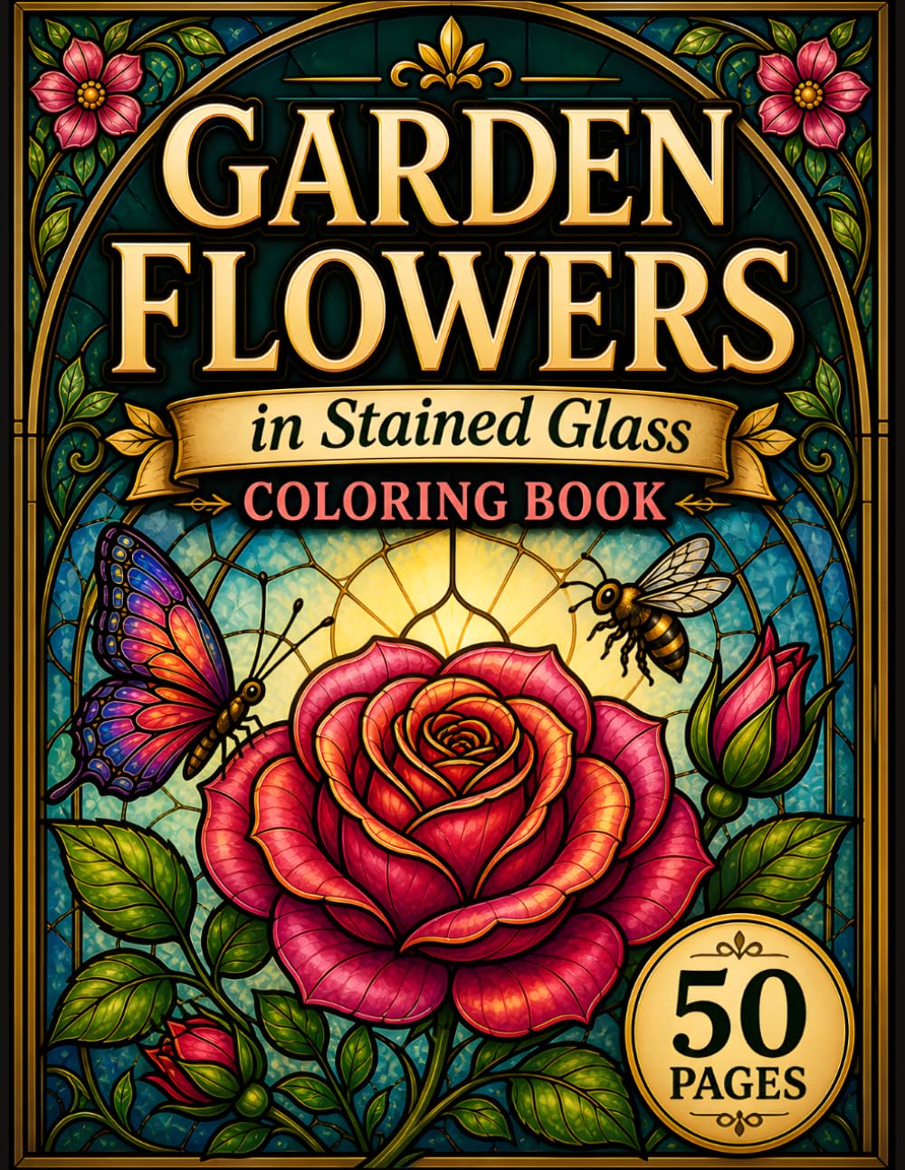 Garden Flowers in Stained Glass Coloring Book: Beautiful Flower Designs in Elegant Stained Glass Frames for Relaxation and Stress Relief