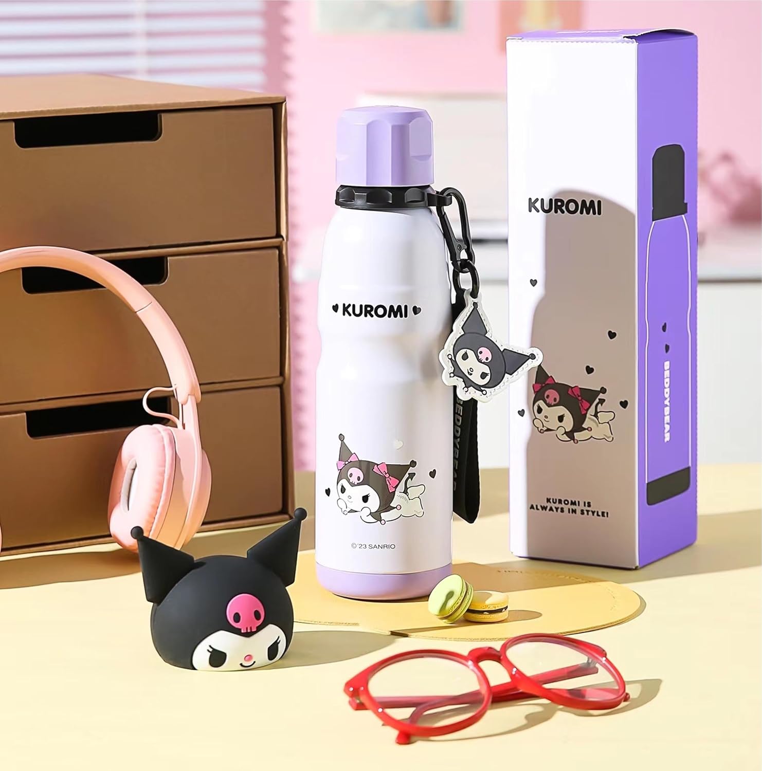Kuromi Stainless Steel Insulated Water Bottle with Buckle and Strap - 600ml - Image 7