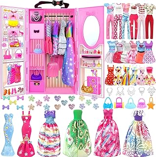 Puppen-Kleiderschrank Set mit Kleidung und Schmuck