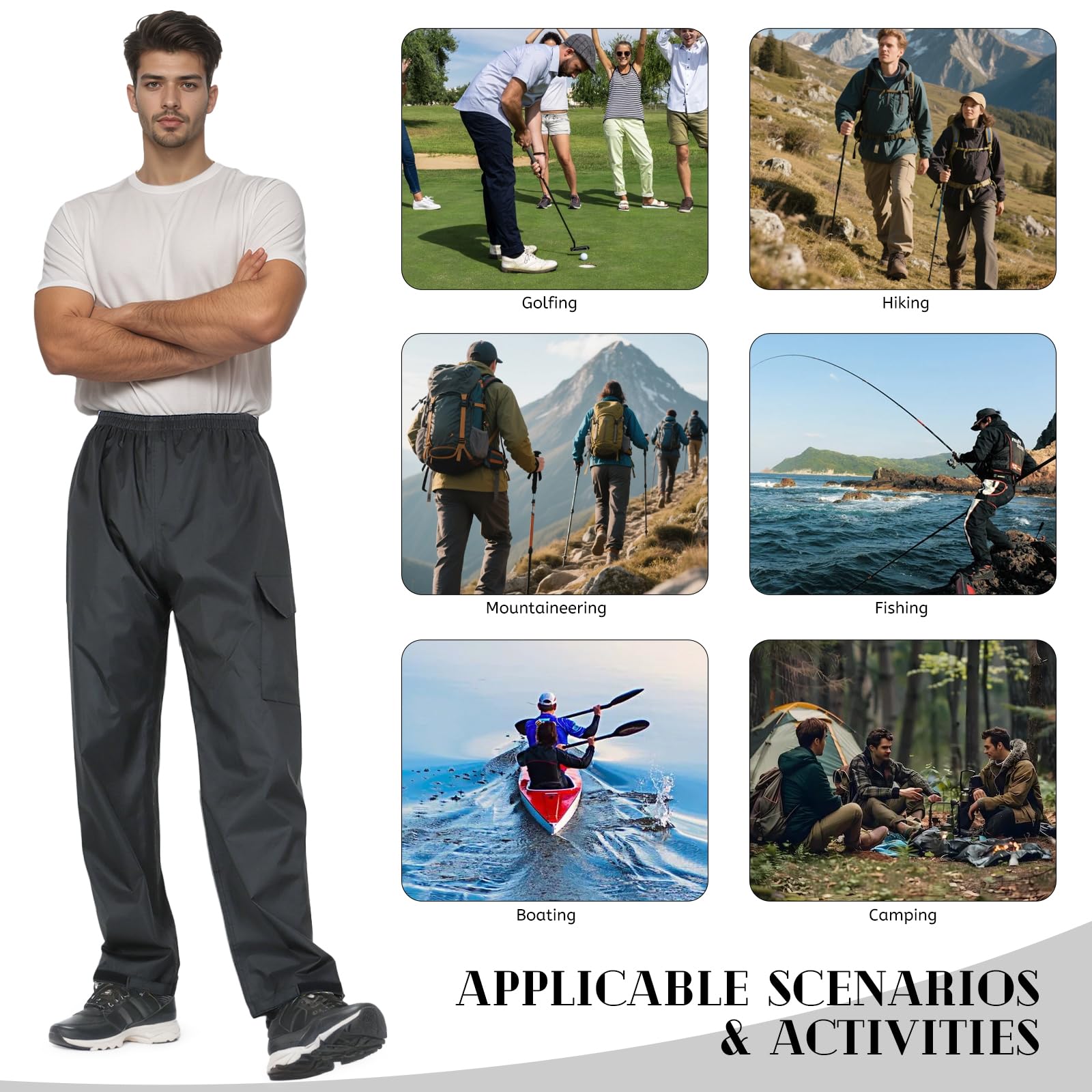 Pantalones Impermeables para Hombre Pantalones de Lluvia para Exteriores Ligeros y Gruesos a Prueba de Viento para Senderismo, Golf, Pesca, Ciclismo