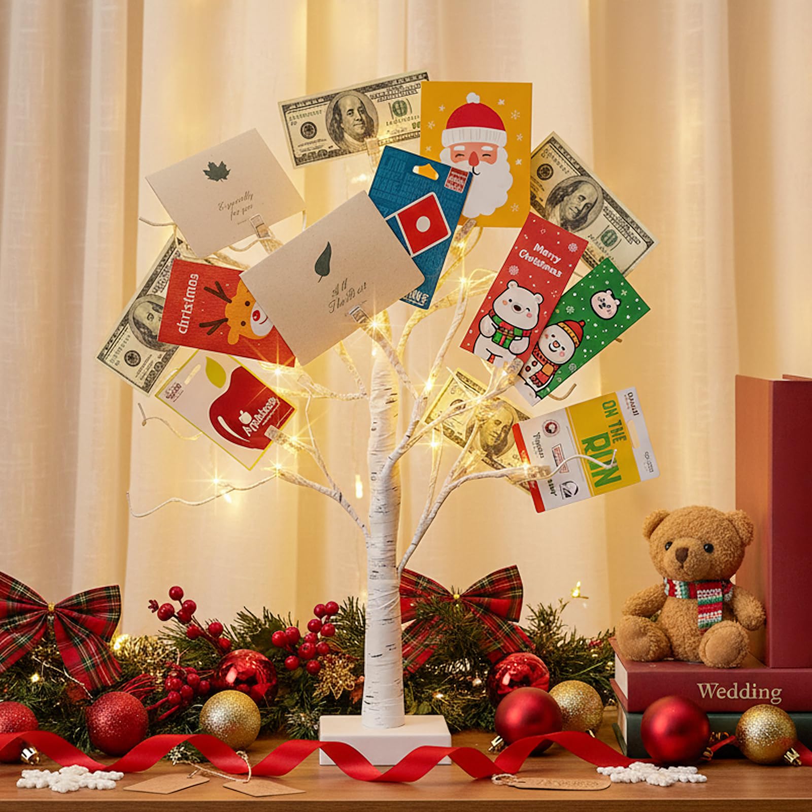 PABIPABI Money Tree Gift Holder, 24 LED Lighted Birch Tree with 12 Clear Clips, Battery/USB Powered Timer Display Tree for Christmas, Memo, Present Card, Photo, Wedding, Birthday Graduation