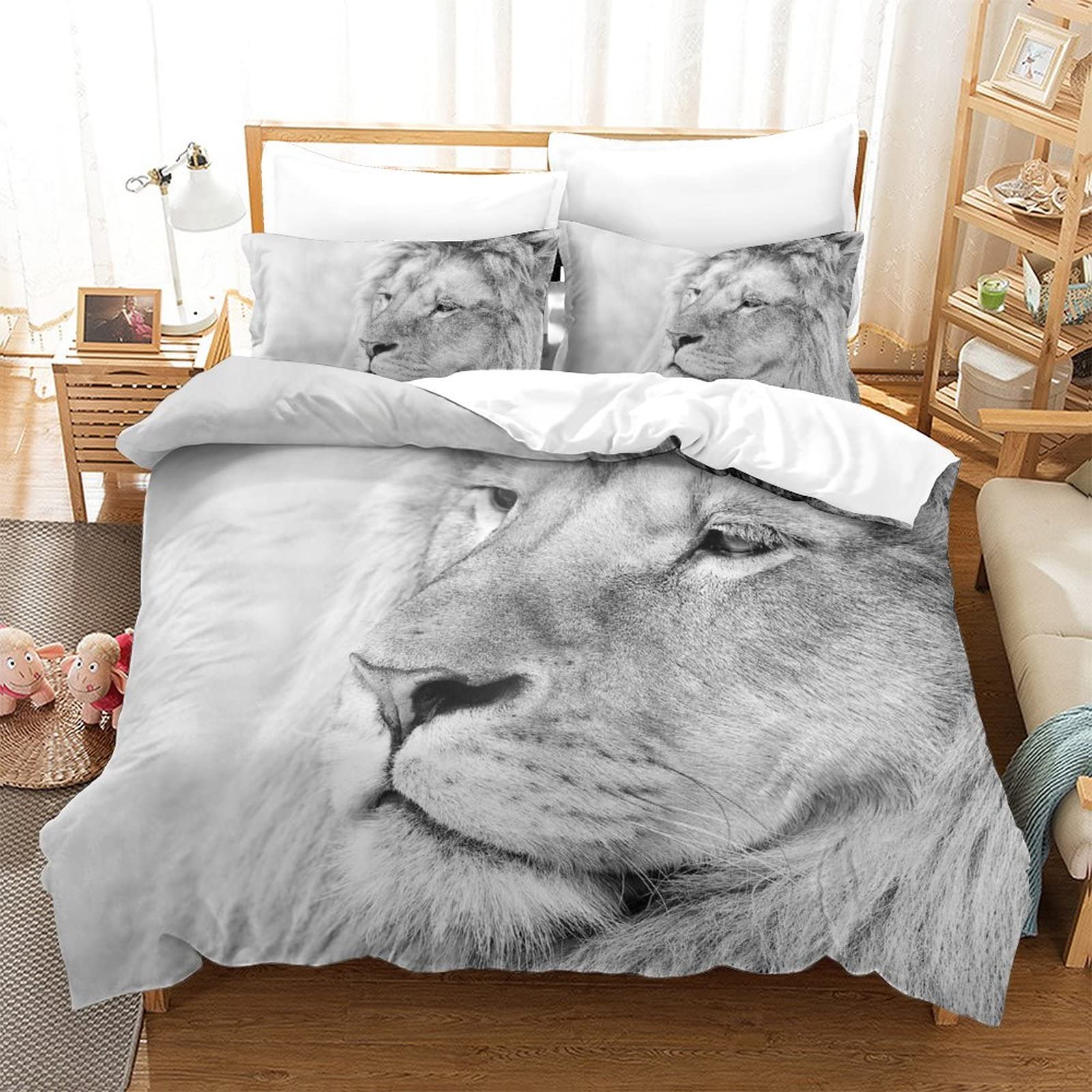 Housse de couette lion 3D 220x240 cm King avec 2 taies d'oreiller
