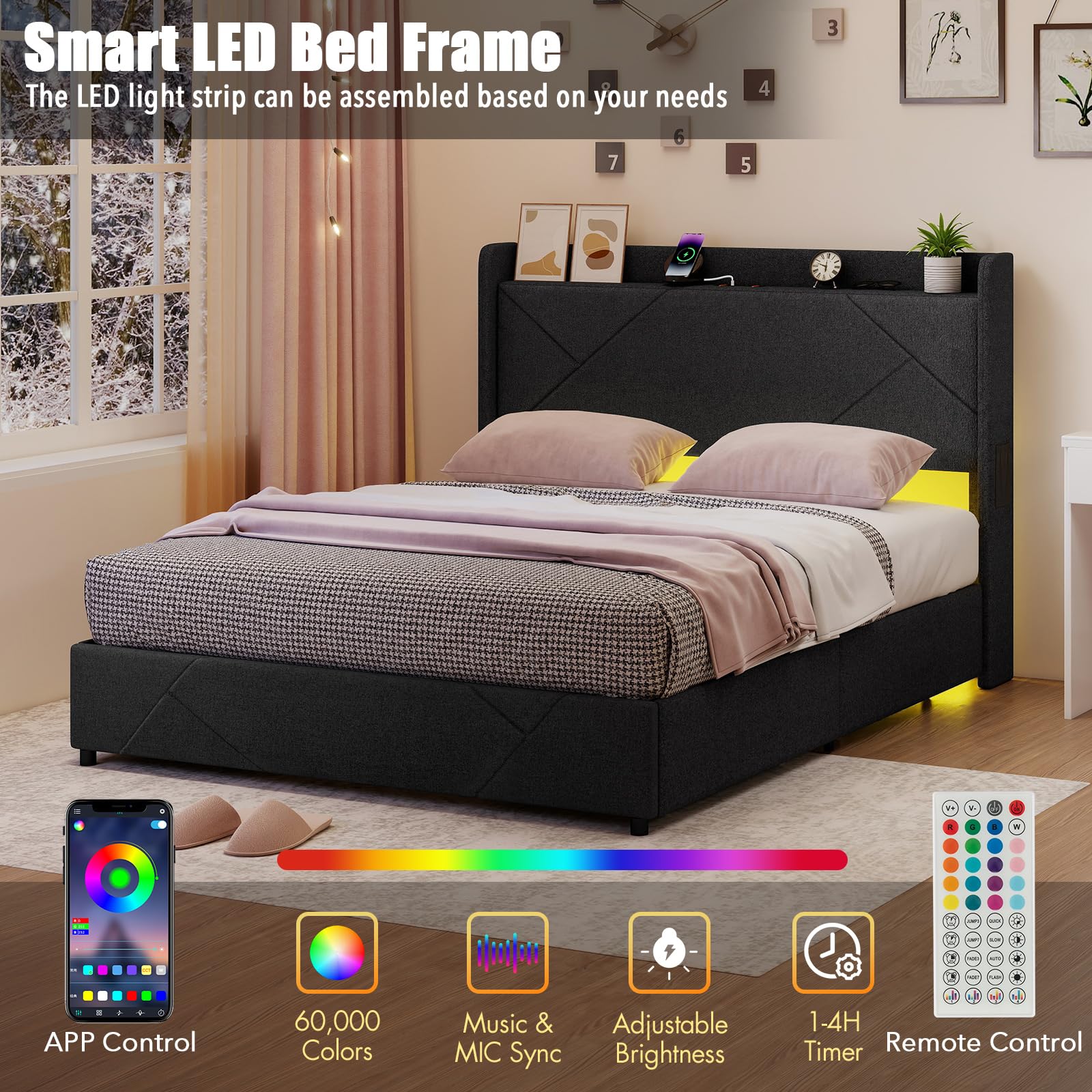 GIANTEX Lit 160 x 200 cm pour 2 Personnes, Éclairage LED, Tête de Lit Rembourré avec Prise, Station de Charge, Sommiers à Lattes, 4 Tiroirs Pliables avec roulettes, 2 Poches Latérales, Charge 500 kg