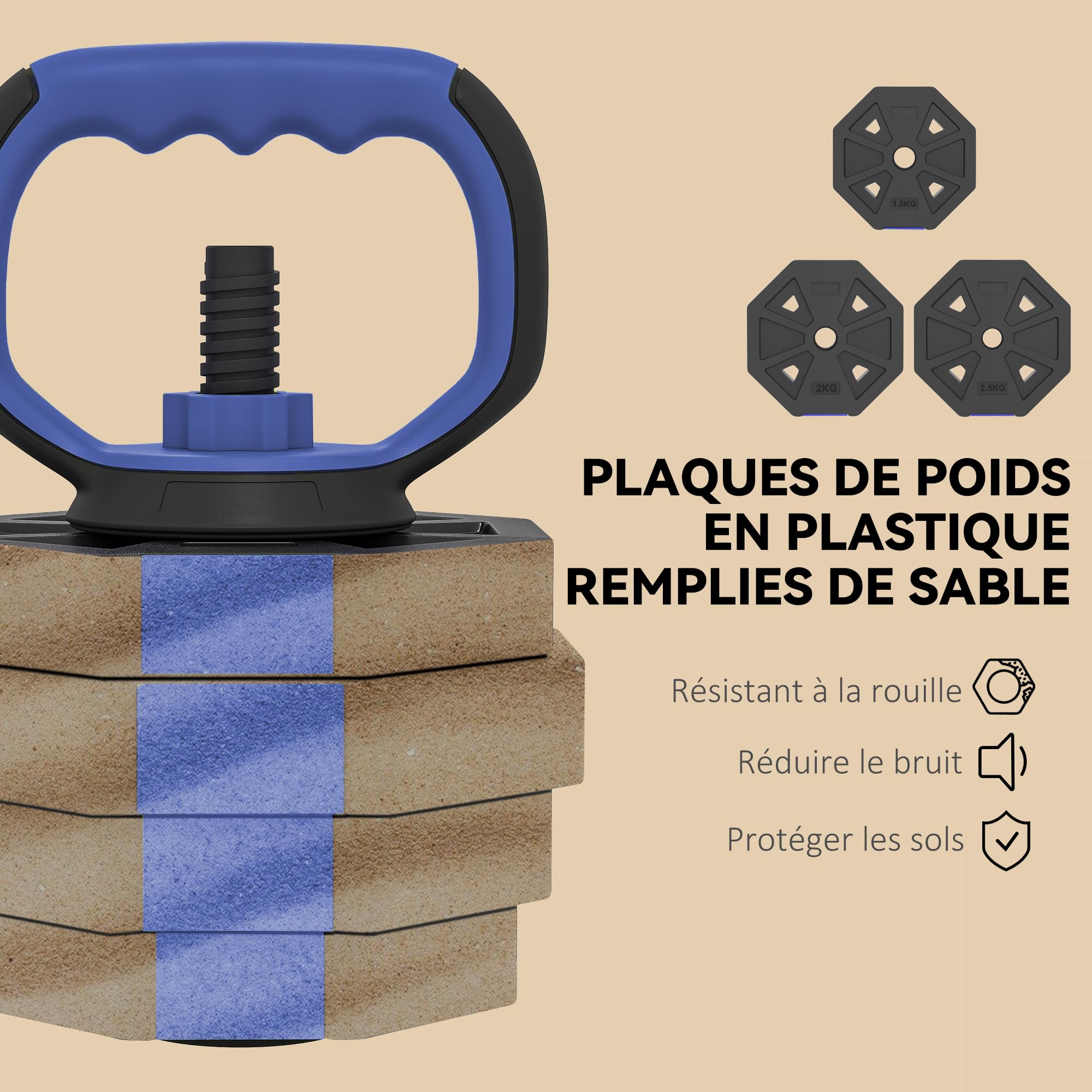 SPORTNOW Ensemble d'Haltères Musculation 6-en-1 Haltères Réglables 20/25/30 kg Antidérapantes, Kettlebell, Barre de Musculation ou Support pour Pompes pour Fitness à Domicile, Bleu et Noir