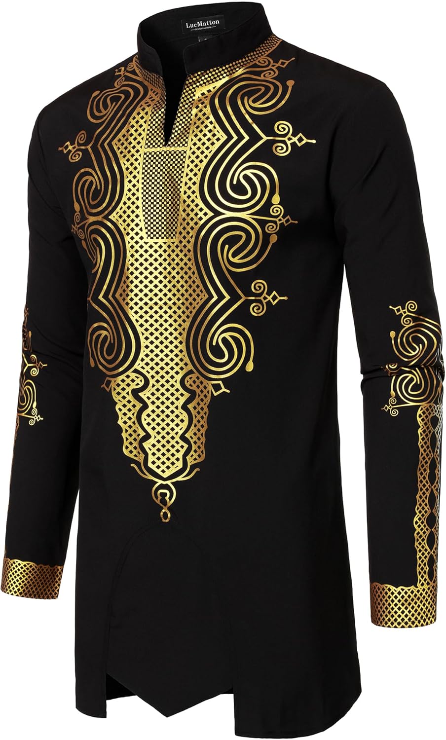 LucMatton Men's Traditional African Dashiki Long Sleeve Slim Fit Tunic Shirt with Metallic Foil Stamping Mandarin Collar - Image 2