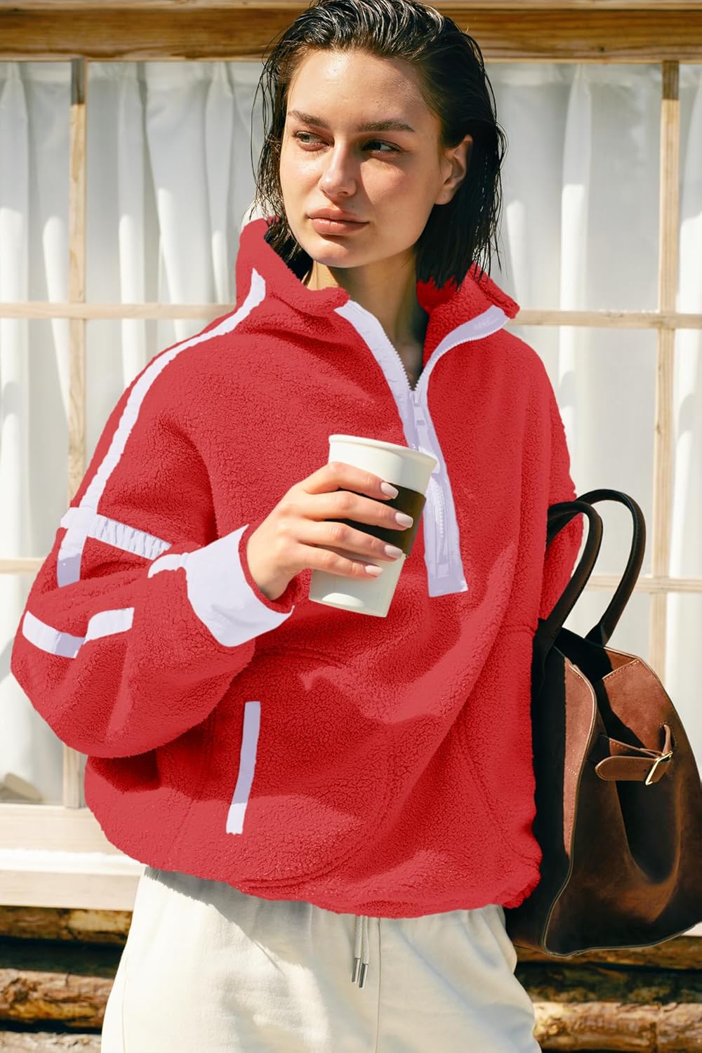 Panadila Womens Half Zip Sherpa Fleece Pullover Soft Oversized Sweatshirt with Pockets Warm Fuzzy Sweater - Image 4