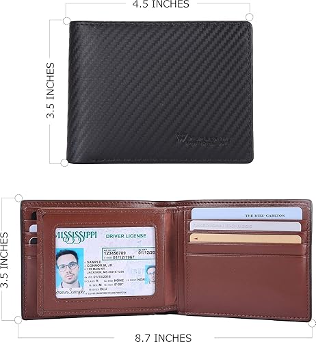 Miniatura 3 de NUMBER.WU Carteras para hombres de fibra de carbono de cuero genuino plegable plegable identificación RFID bloqueo triple cartera para hombre,