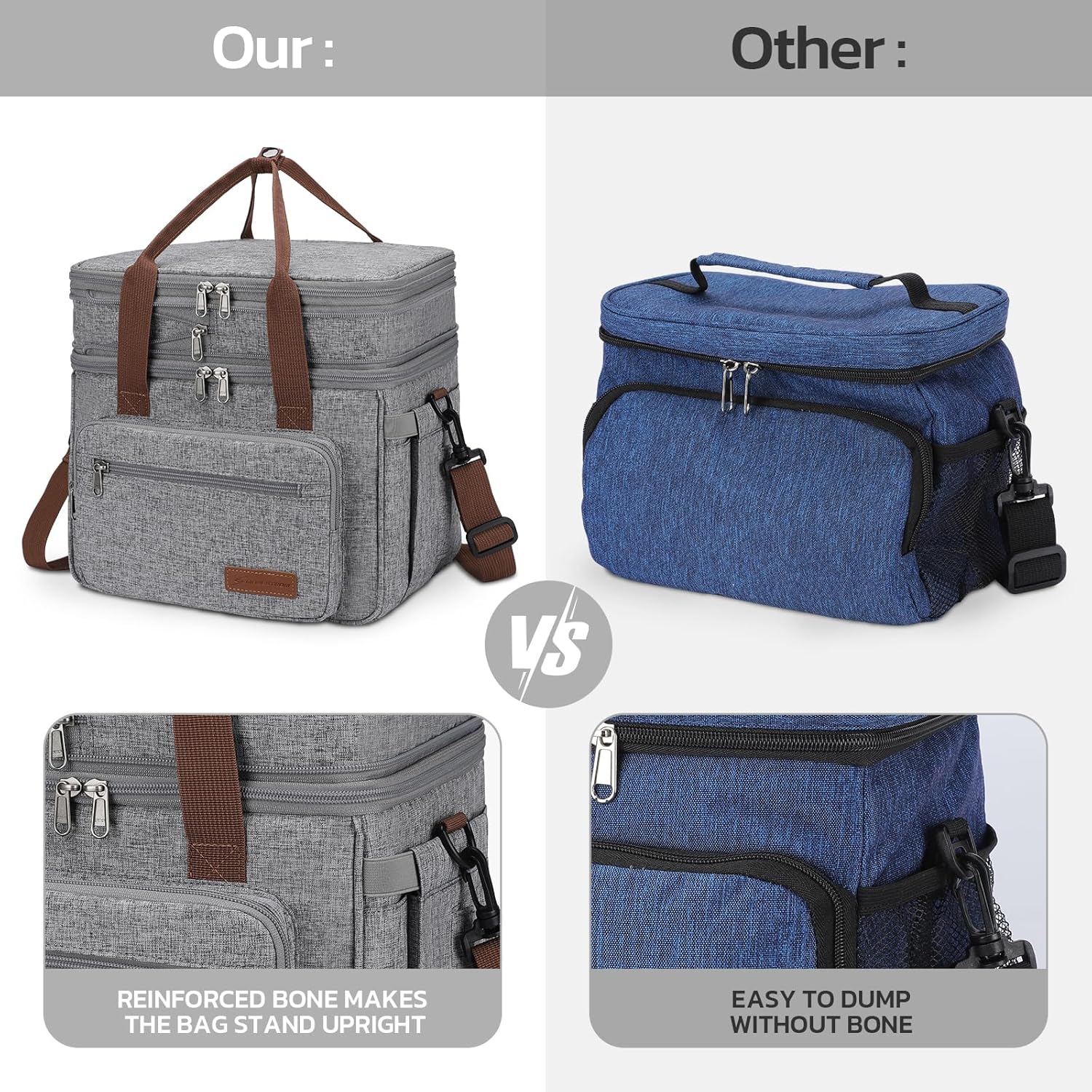 Maelstrom 23L Insulated Lunch Box For Men Women,Expandable Double Deck Lunch Cooler Bag,Lightweight Leakproof Tote Bag With Side Tissue Pocket,Gray - Image 6