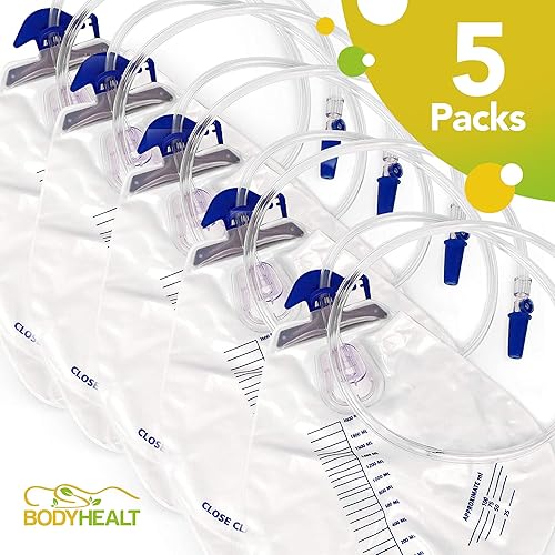 Miniatura 2 de BodyHealt Bolsa de drenaje urinario con cámara antirreflujo, vinilo de 67.6 fl oz con drenaje de 48 pulgadas, 5 unidades (paquete de 1)