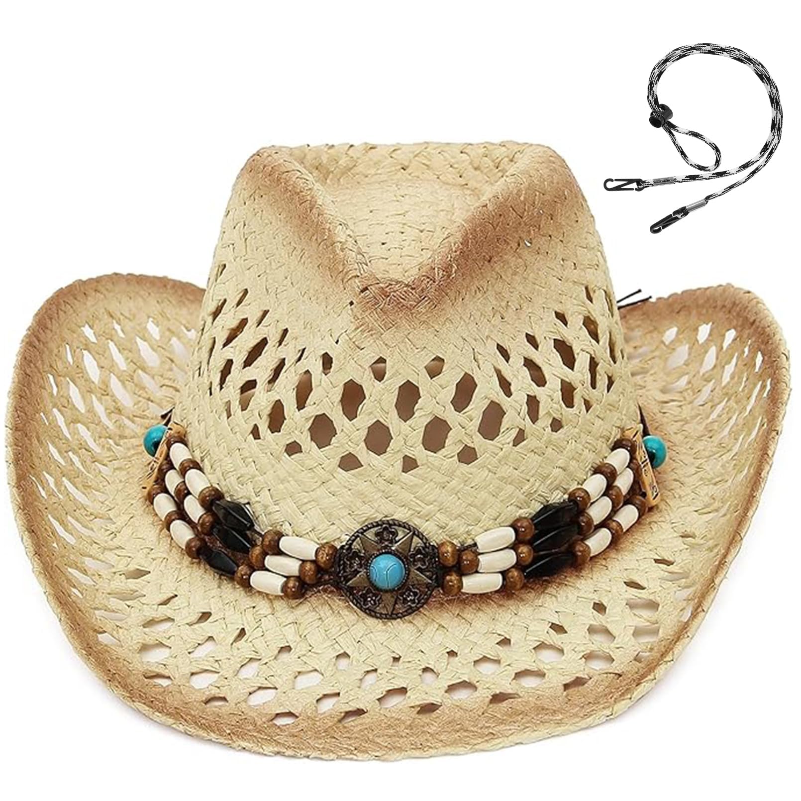 GEMVIE Chapeau de paille Panama pour femme, chapeau de cowboy, chapeau de plage, chapeau de soleil à large bord en paille enroulable
