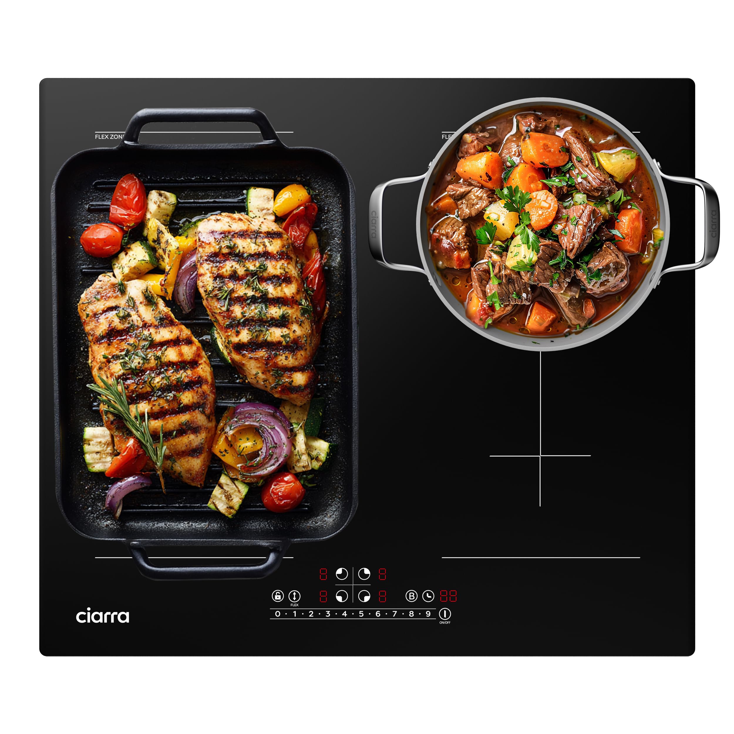 Ciarra Piano Cottura a Induzione 4 Fuochi 7200W Doppia Flex Zone | Limitatore Potenza, Boost, Slider Touch, 60 cm da Incasso, Timer, Spegnimento Automatico, Nero, CBBIH4BFF