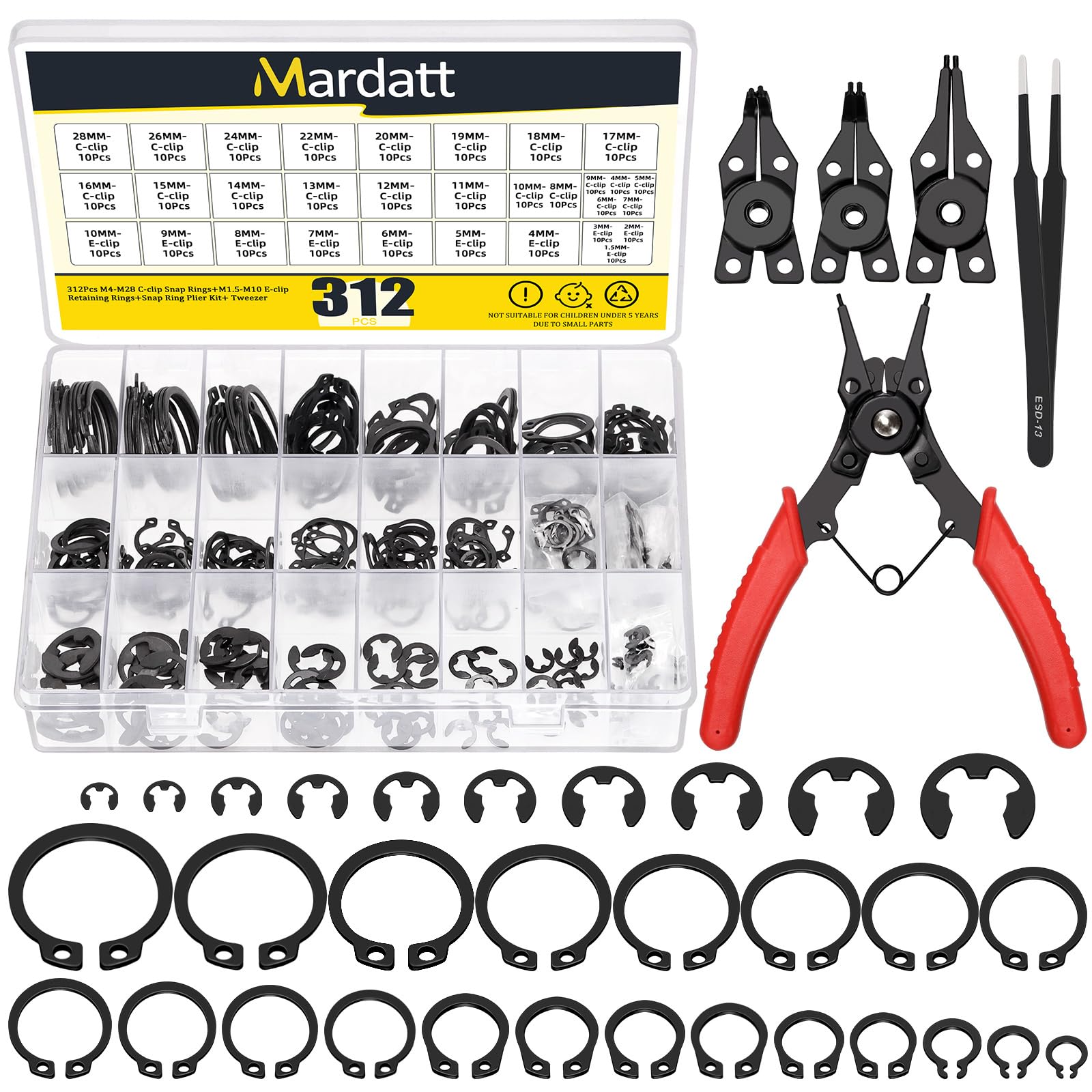 Mardatt 312Pcs 21 Sizes C-Clip External Retaining Rings Snap Rings Assortment Set(M4-M28) with 10 Sizes E-Clip Retaining Rings Assortment Set(1.5mm-10mm), 4 in 1 Snap Ring Pliers and Tweezer