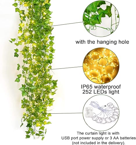 Miniatura 4 de KASZOO Paquete de 12 plantas artificiales de hoja de hiedra con 252 luces LED para ventana, guirnalda colgante de plantas falsas de vid, colgante