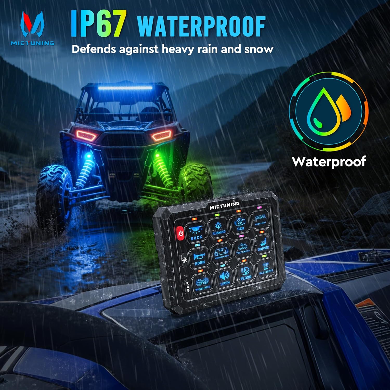 MICTUNING P1C+ RGB 12 Gang Switch Panel, IP67 Waterproof 6 Level Brightness Multifunction Toggle Momentary Flash Strobe Circuit Control Relay System Box for Off Road Truck SUV UTV RV, 2 Years Warranty