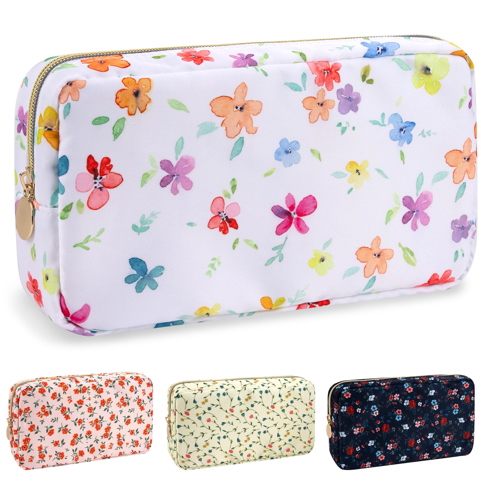 Nylon Small Floral Makeup Bag for Purse, Cute Preppy Makeup Bag Flower Cosmetic Zipper Pouch Purse, Waterproof Portable Travel Toiletry Makeup Brush Bag Organizer Storage for Women Girls(White-Flower)