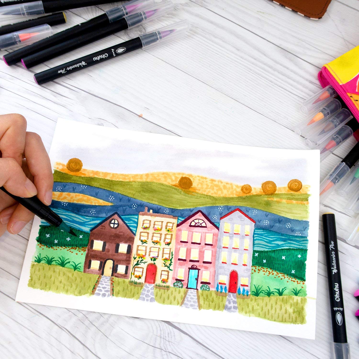 Professional Watercolor Brush Markers Pen 24 Colors of Ohuhu, Water