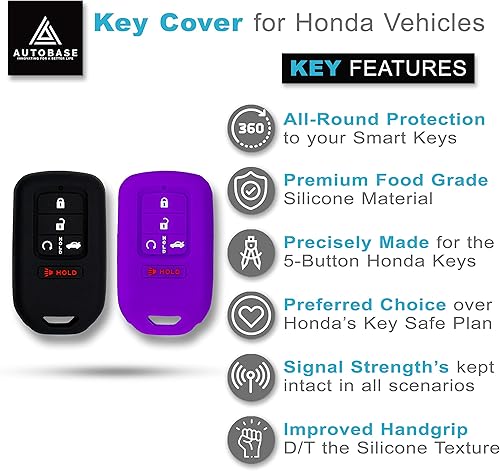 Miniatura 3 de Autobase Funda de silicona para llavero compatible con Honda Accord Civic CR-V CRV Pilot Passport Insight EX EX-L Touring Accesorio para automóvil