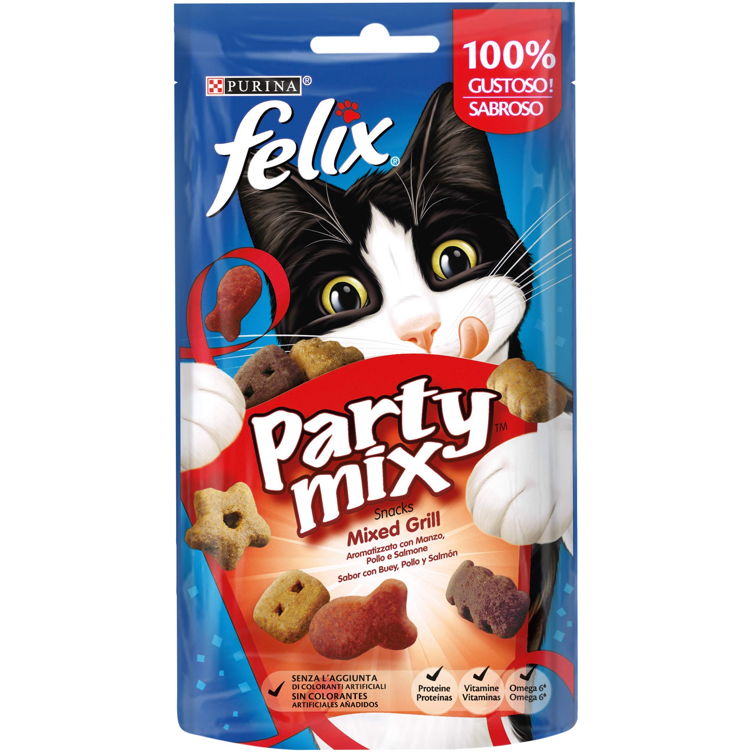 Felix Purina Party Mix Snack Cat Mixed Grill with Beef, Chicken and Salmon, 8 Packs of 60 g