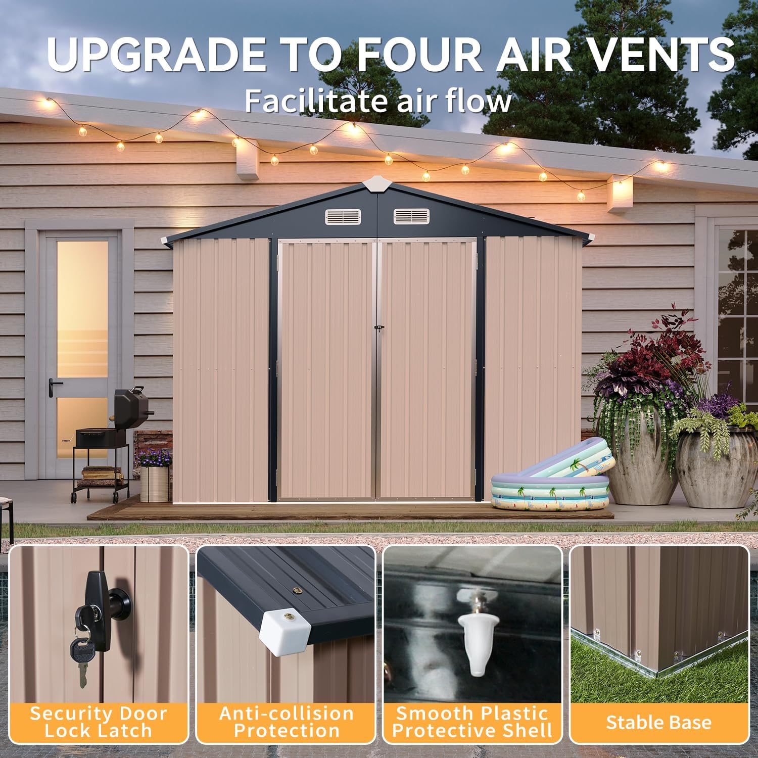Detailed view of the Aoxun shed's features, including security door lock latch, anti-collision protection, smooth plastic protective shell, and stable base, along with upgraded air vents.