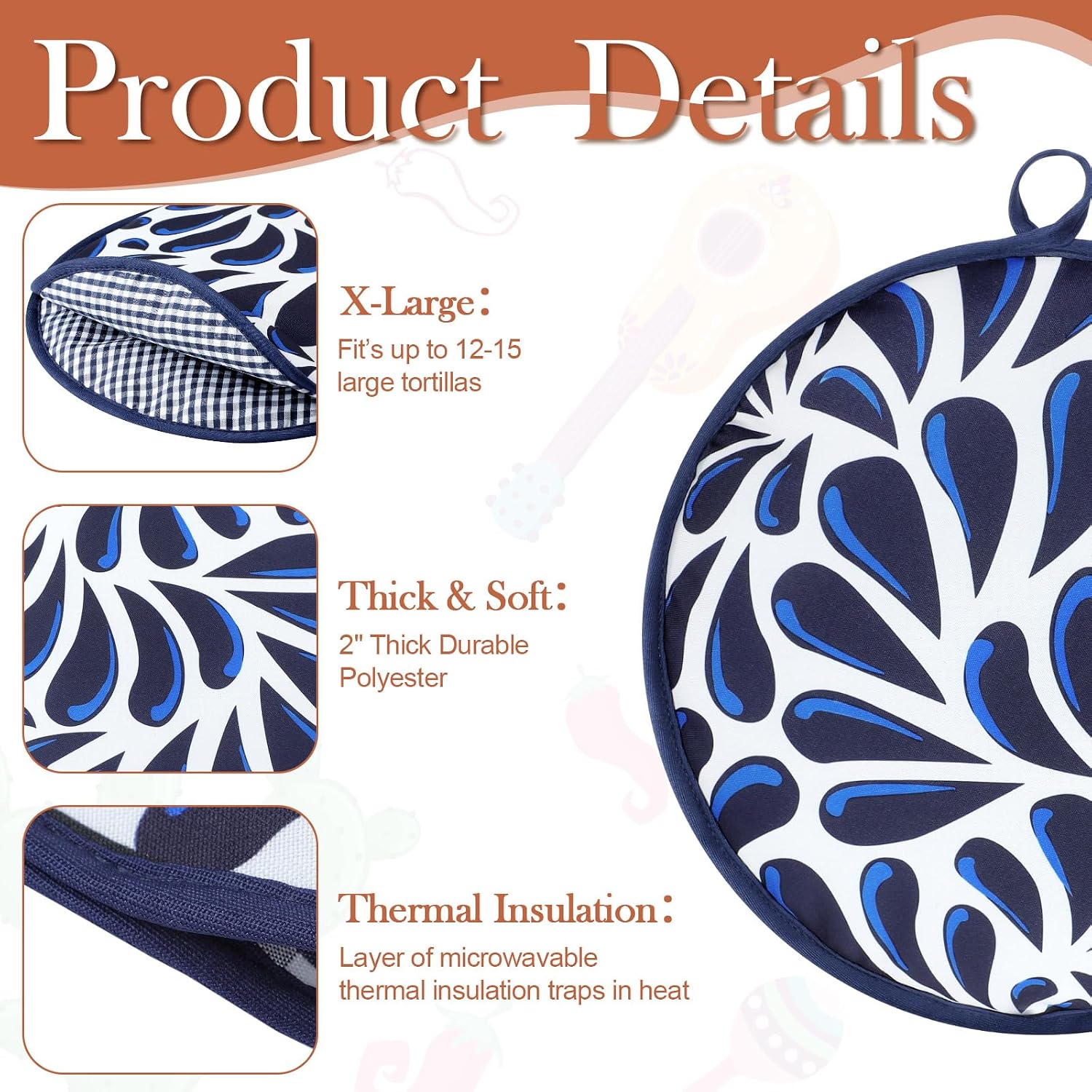 Honeydak 2 Pcs 12 Inch Tortilla Warmer Pouch, Microwavable Insulated Cloth Pouch Blue Vintage Mexican Talavera Tortillero Fabric Tortilla Keeper Taco Holder for Tortillas, Tacos, Naan, Pizza Rolls