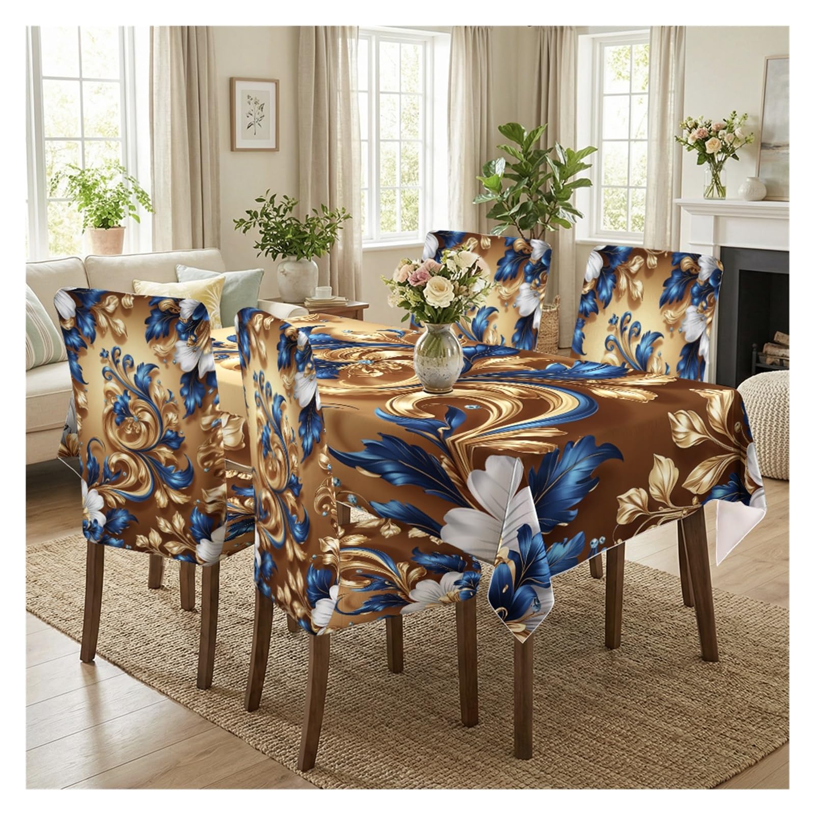 KXUAUV Luxury Blue Gold Baroque Print Tablecloth And Chair Covers Set, Stretch Slipcovers For Wedding Banquet Formal Dining Room Decor, 5/7 Pack Party Decor(5pcs Set: Tablecloth+Chair Covers)