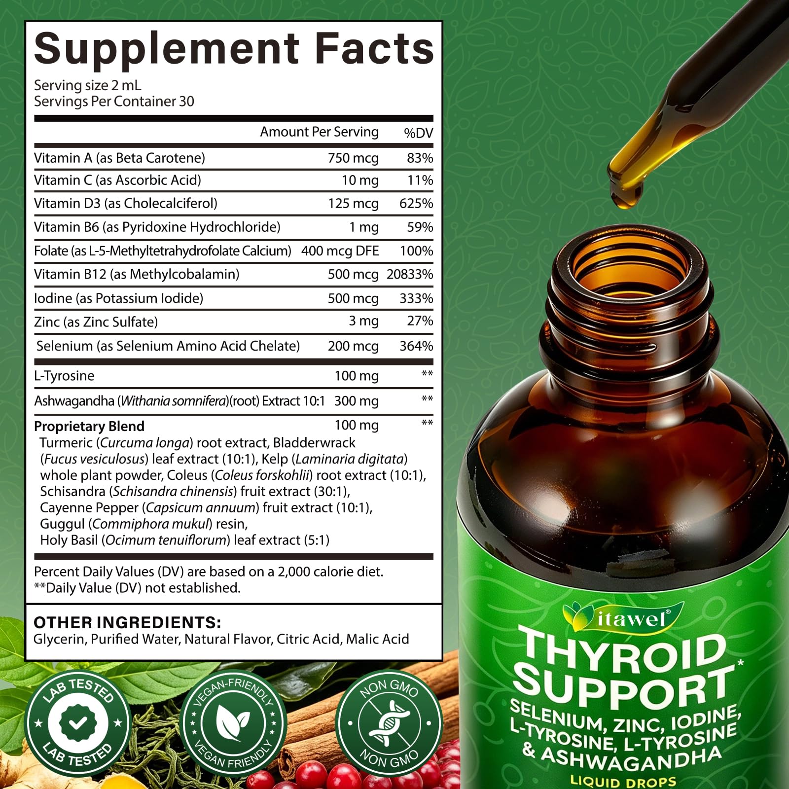 Thyroid Support Gouttes liquides 60 ml – Sélénium, zinc, iode, L-tyrosine et Ashwagandha pour l'équilibre hormonal, le métabolisme et la santé thyroïdienne