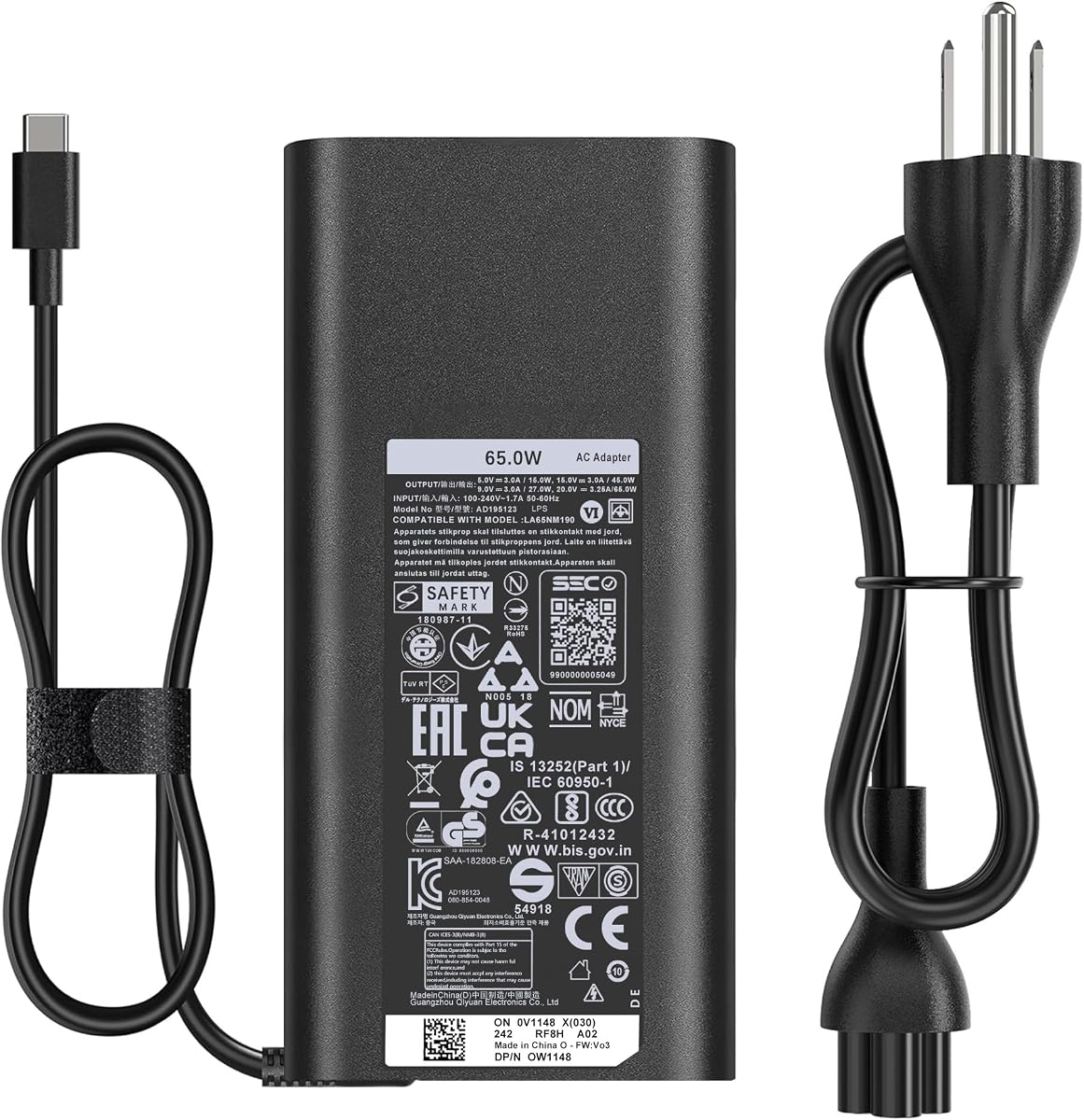 65W USB-C Laptop Charger Compatible with Dell Latitude XPS 13 | 20V 3.25A Type-C Adapter For Pro 13 14 16 Plus 3000-7000 9300-9440 Inspiron 14 15 2-in-1 Replaces LA65NM190