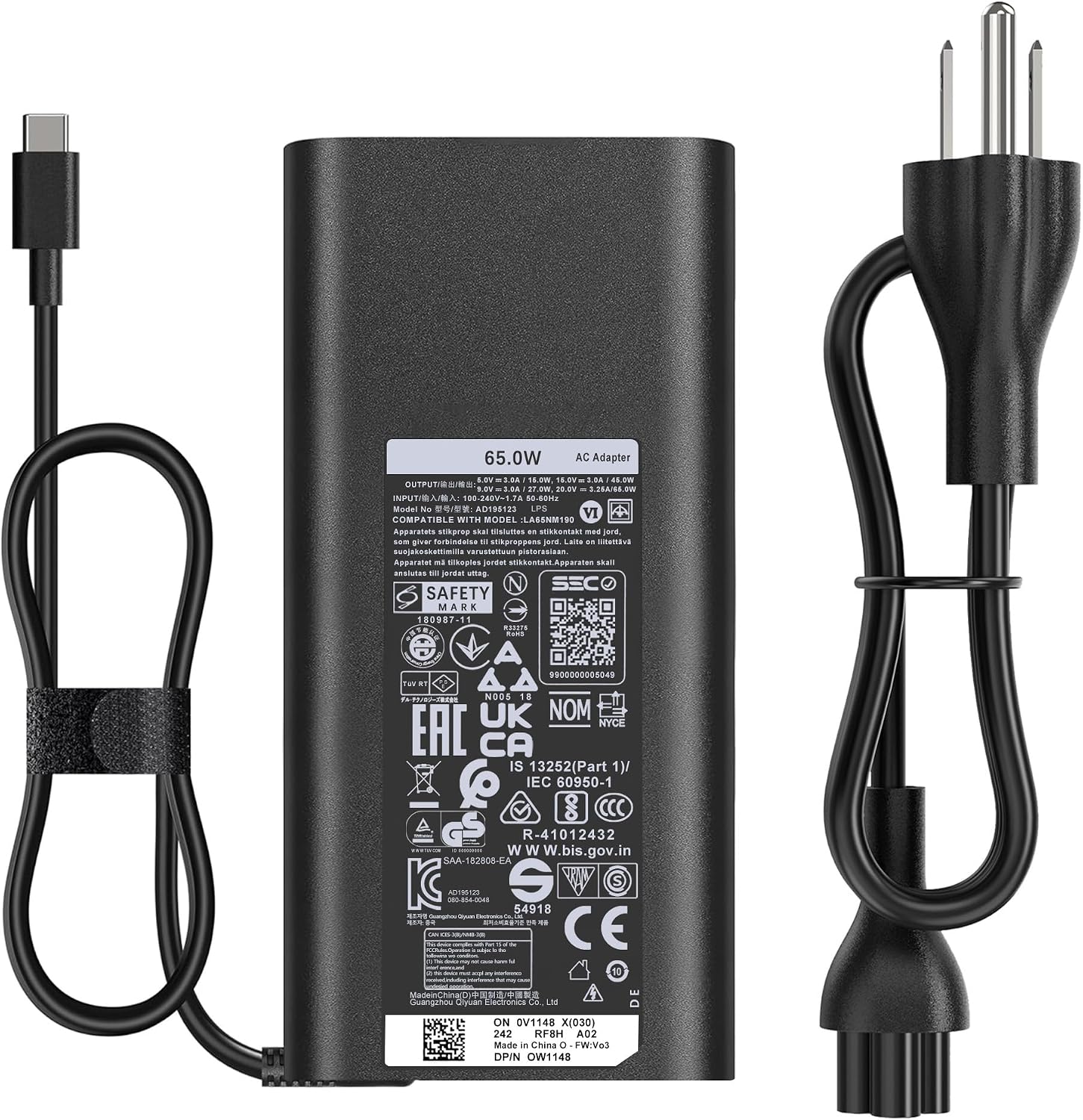 65W USB-C Laptop Charger Compatible with Dell Pro 13 14 16 Latitude 5420 5430 5520 7420 5400 7390 5320 5530 5431, XPS 13 9310 9305 9300 9380 9370 9360, Inspiron 14 15,20V 3.25A Adapter Power Cord
