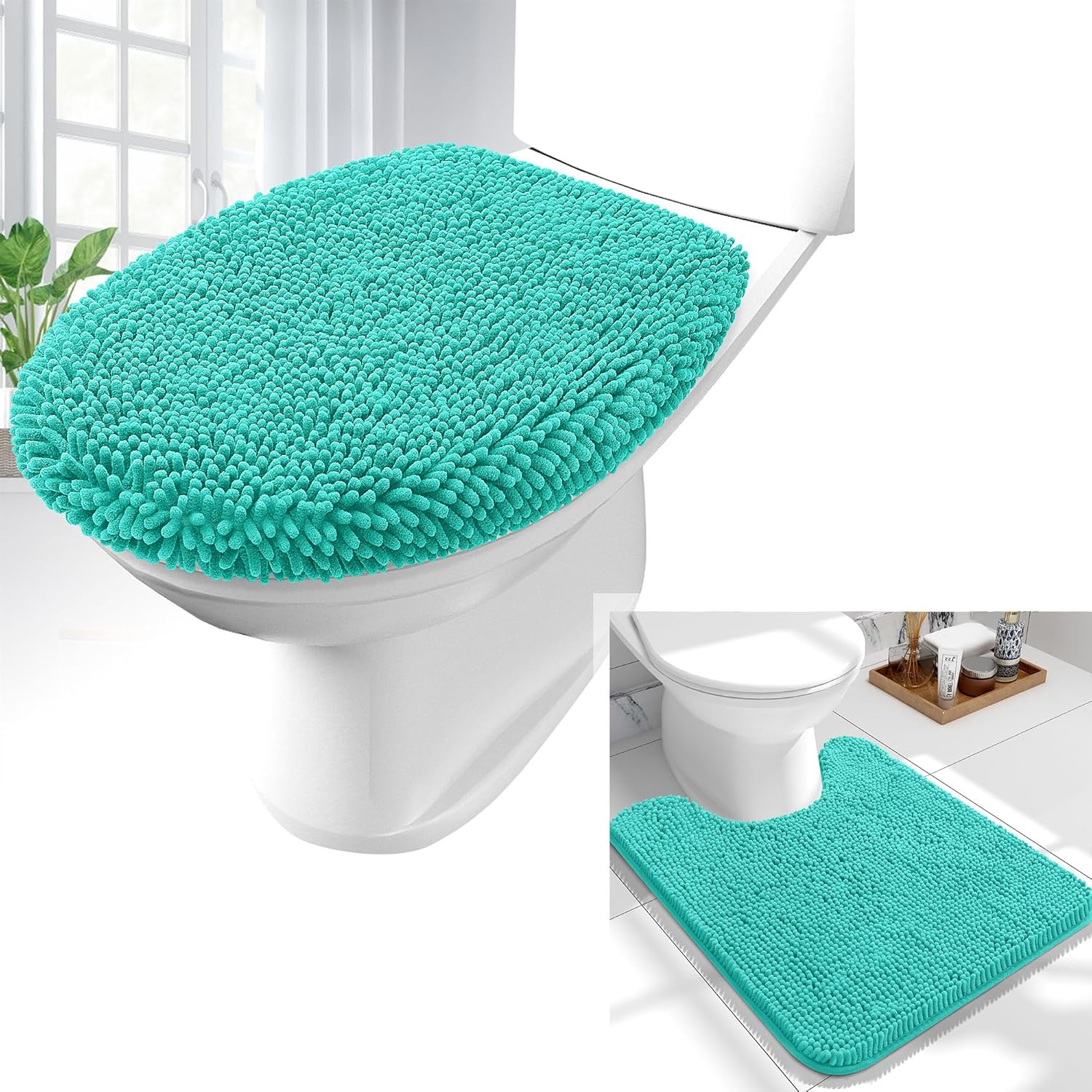 OLANLY Chenille Toilet Rugs U-Shaped and Bathroom Toilet Lid Cover, Bath Rug Size 24x20 and Bathroom Toilet Lid Cover Size 17.5x15 in Teal, 2 Item Bundle