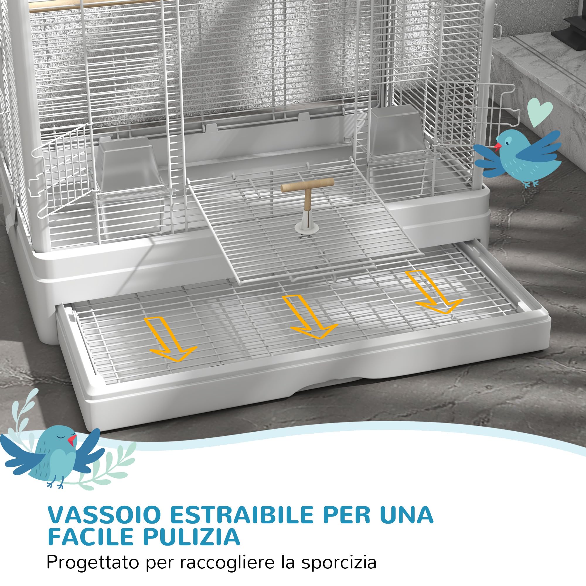 PawHut Gabbia per Canarini con Posatoi in Legno, Voliera per Uccelli in Acciaio con 2 Maniglie, Vassoio Rimovibile e Ciotole per Cibo, 61x36.5x98 cm, Bianco