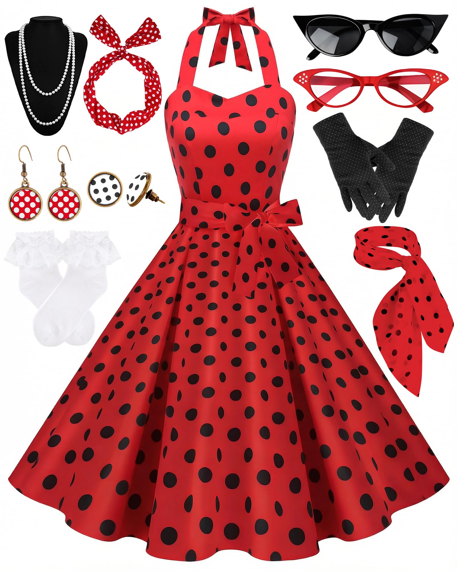 WILDPARTY Women's 1950s Polka Dress Set Vintage Outfit with Accessories(Red blackdot-XL)