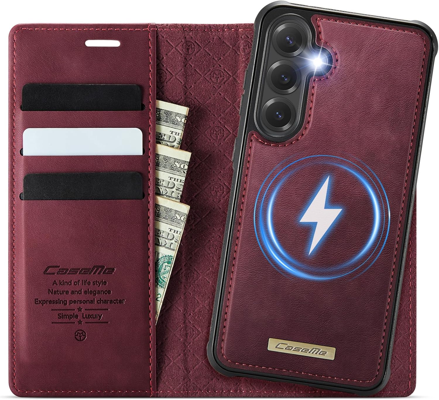 Compatible with Samsung Galaxy S25 FE Wallet Case Compatible with Magsafe, 2-in-1 PU Leather Flip RFID Blocking Card Holder Stand Shockproof Magnetic Detachable Cover S25 FE Case 6.7" (Burgundy)