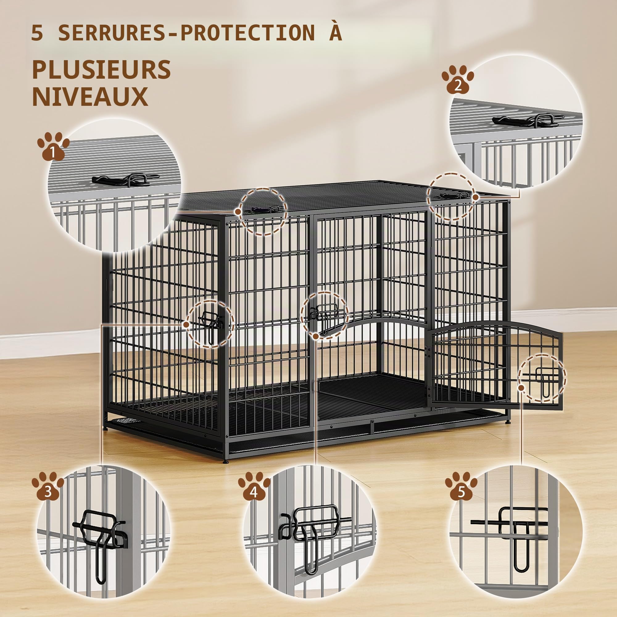Cage pour Chien Lourd, XL Cage pour Chien Métal avec Porte Latérale et Plateau Amovible, Facile à Nettoyer, 4 Portes Caisse pour Animaux, Caisse Chien Intérieur, Noir, 107 x 70 x 75 cm