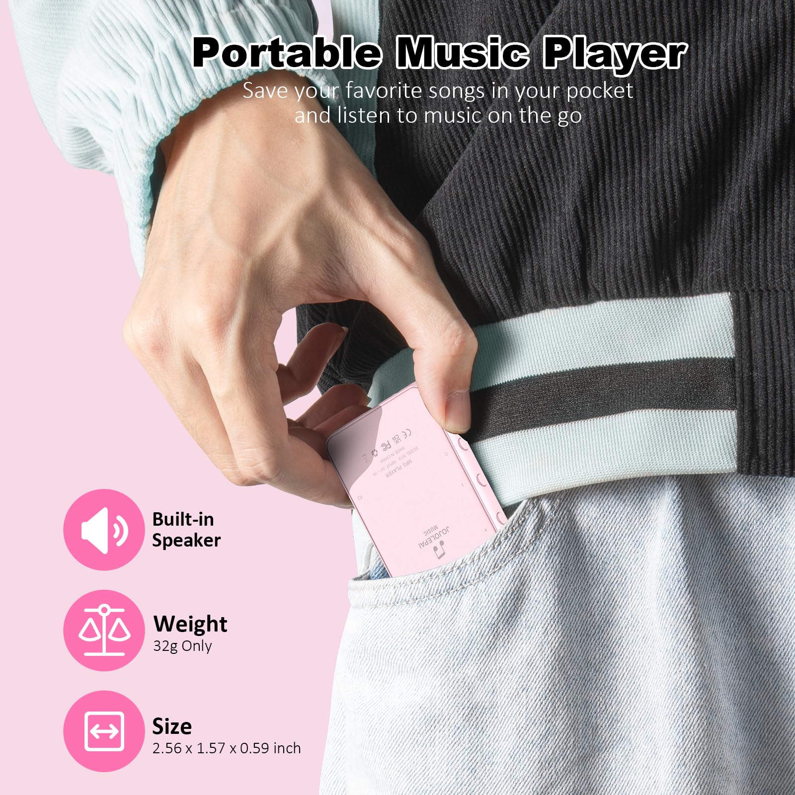 Reproductor de música MP3 con Bluetooth, almacenamiento de 32 GB, pantalla táctil completa, altavoz integrado, radio FM y grabadora de voz, ranura MicroSD (ampliable a 128 GB), incluye auriculares